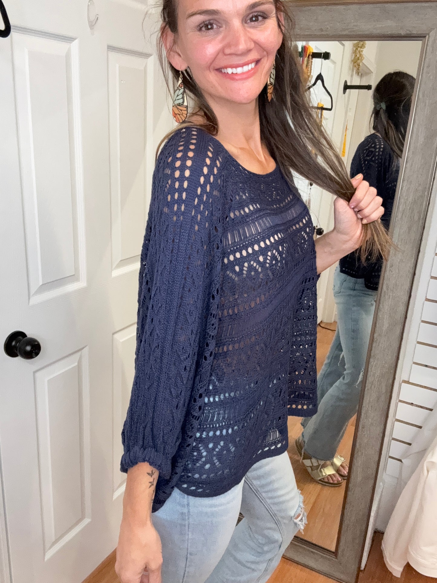 LAURA OPEN KNIT PULLOVER SWAETER TOP - NAVY - COZY CO
