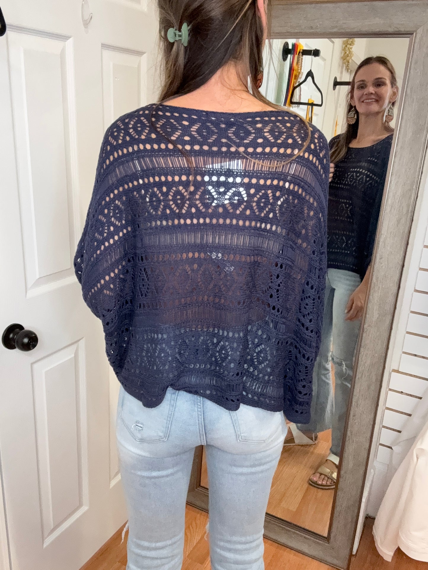 LAURA OPEN KNIT PULLOVER SWAETER TOP - NAVY - COZY CO