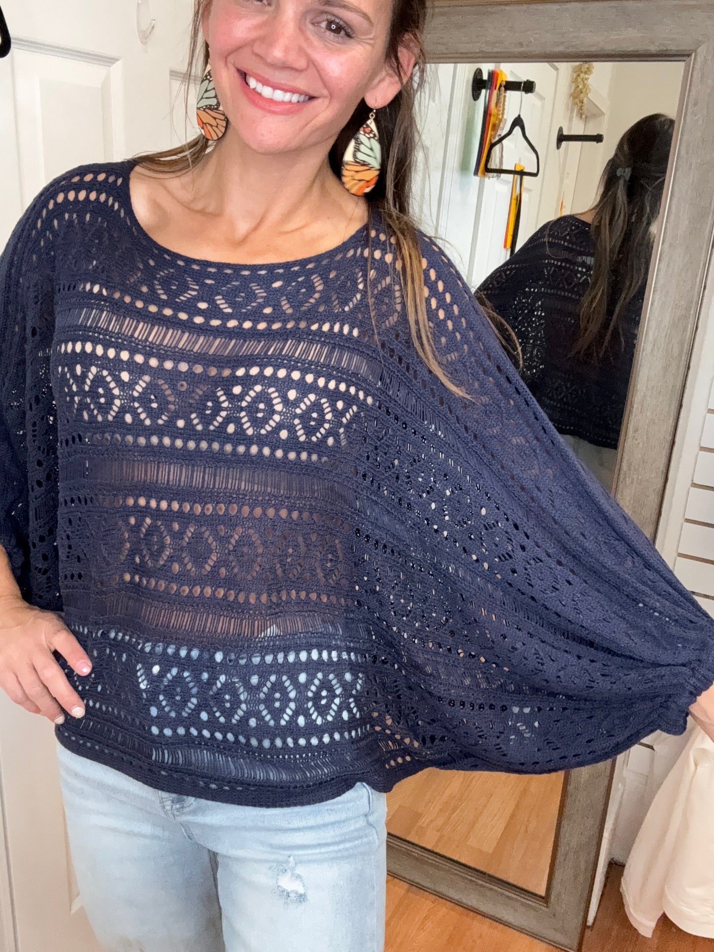 LAURA OPEN KNIT PULLOVER SWAETER TOP - NAVY - COZY CO