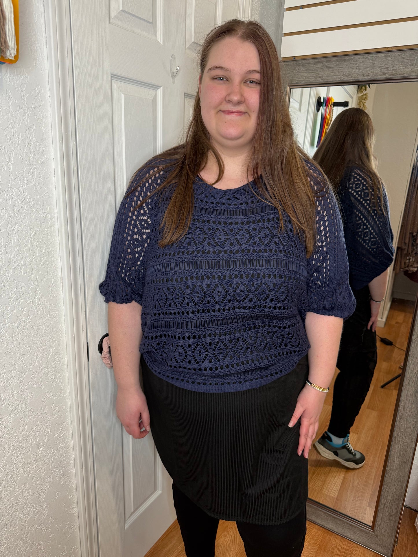 LAURA OPEN KNIT PULLOVER SWAETER TOP - NAVY - COZY CO