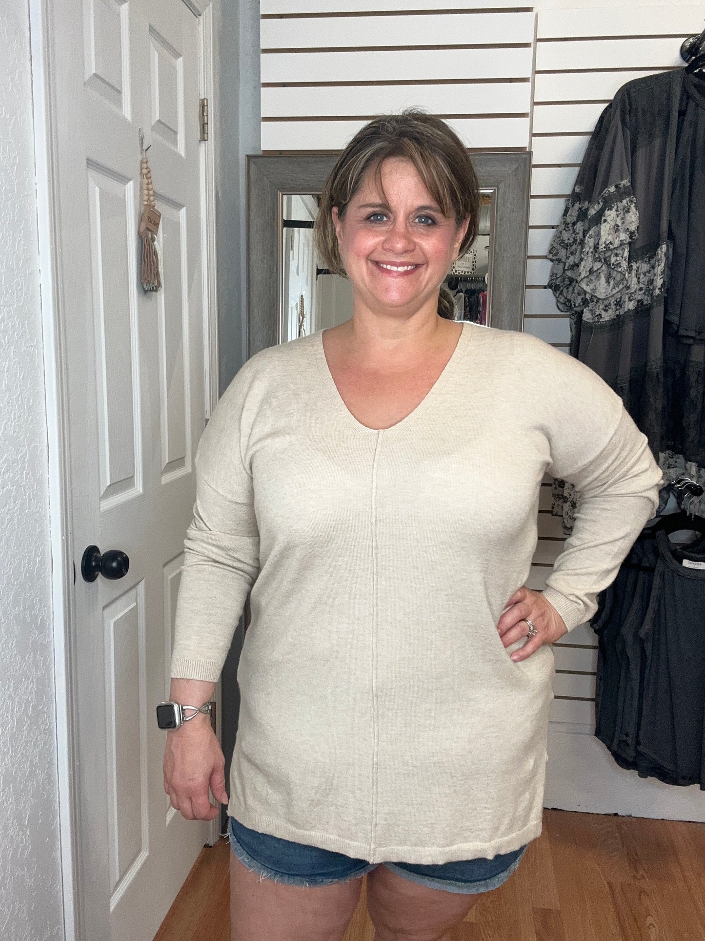 KIM V-NECK SWEATER TOP OAT -COZY
