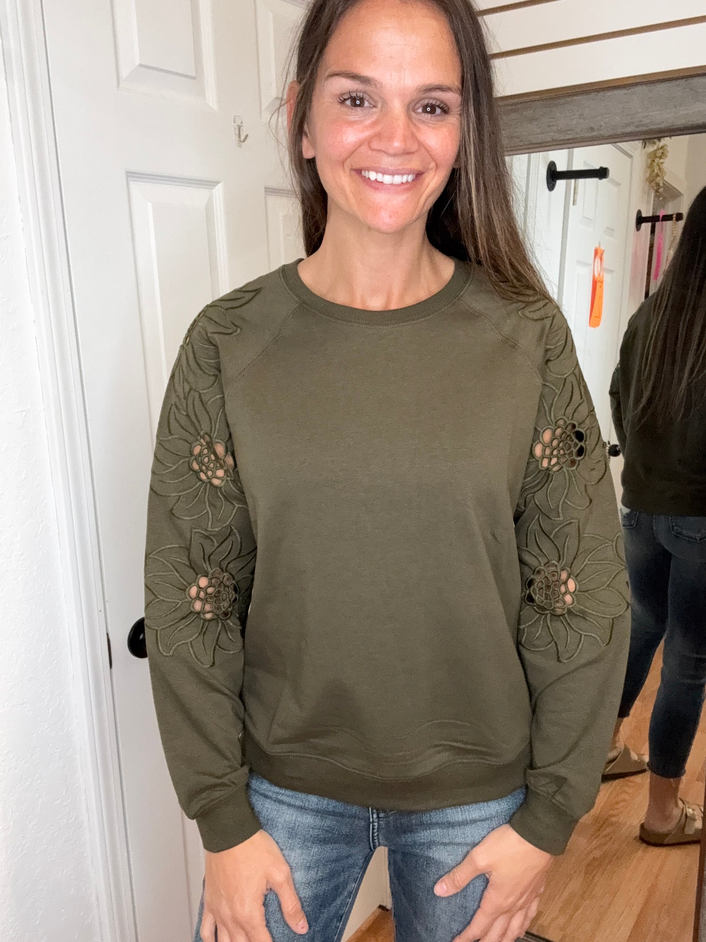 BETH CUT OUT SLEEVE PULLOVER SWEATSHIRT TOP OLIVE - PS KATE