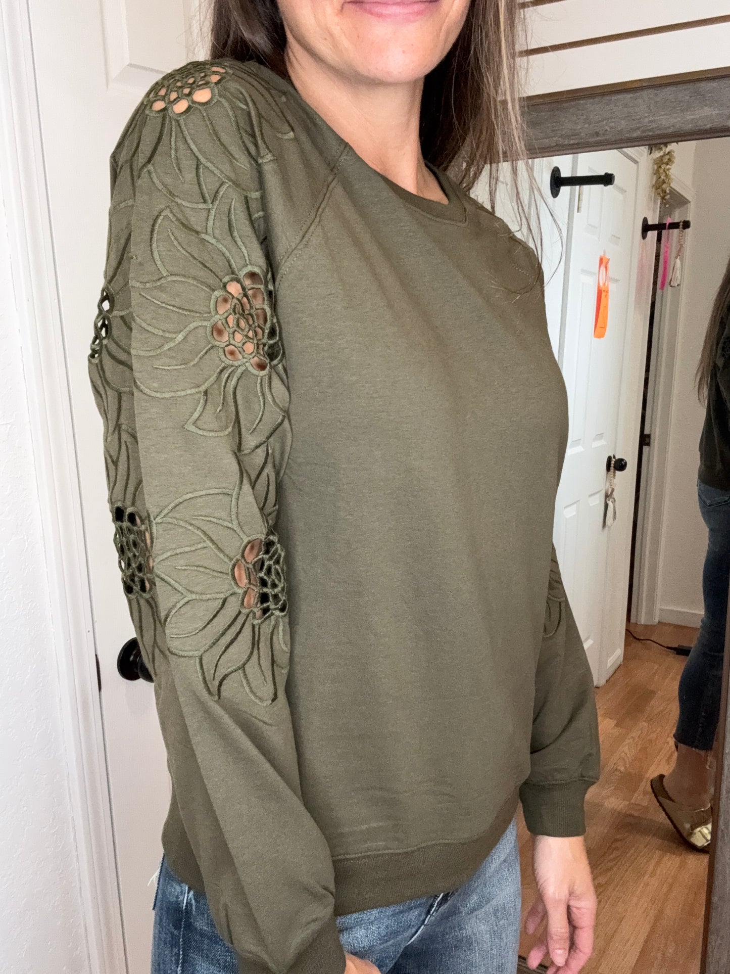BETH CUT OUT SLEEVE PULLOVER SWEATSHIRT TOP OLIVE - PS KATE