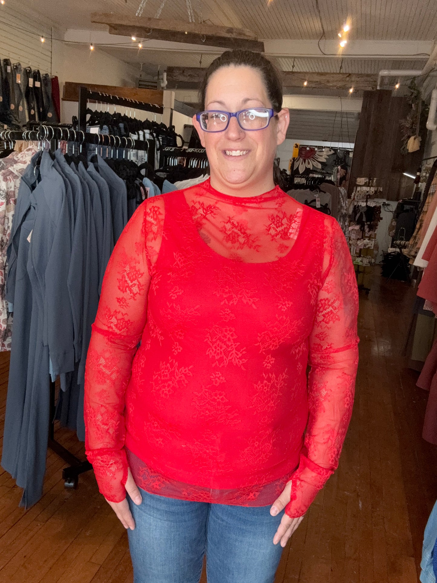 ROXY LACE TOP-RED