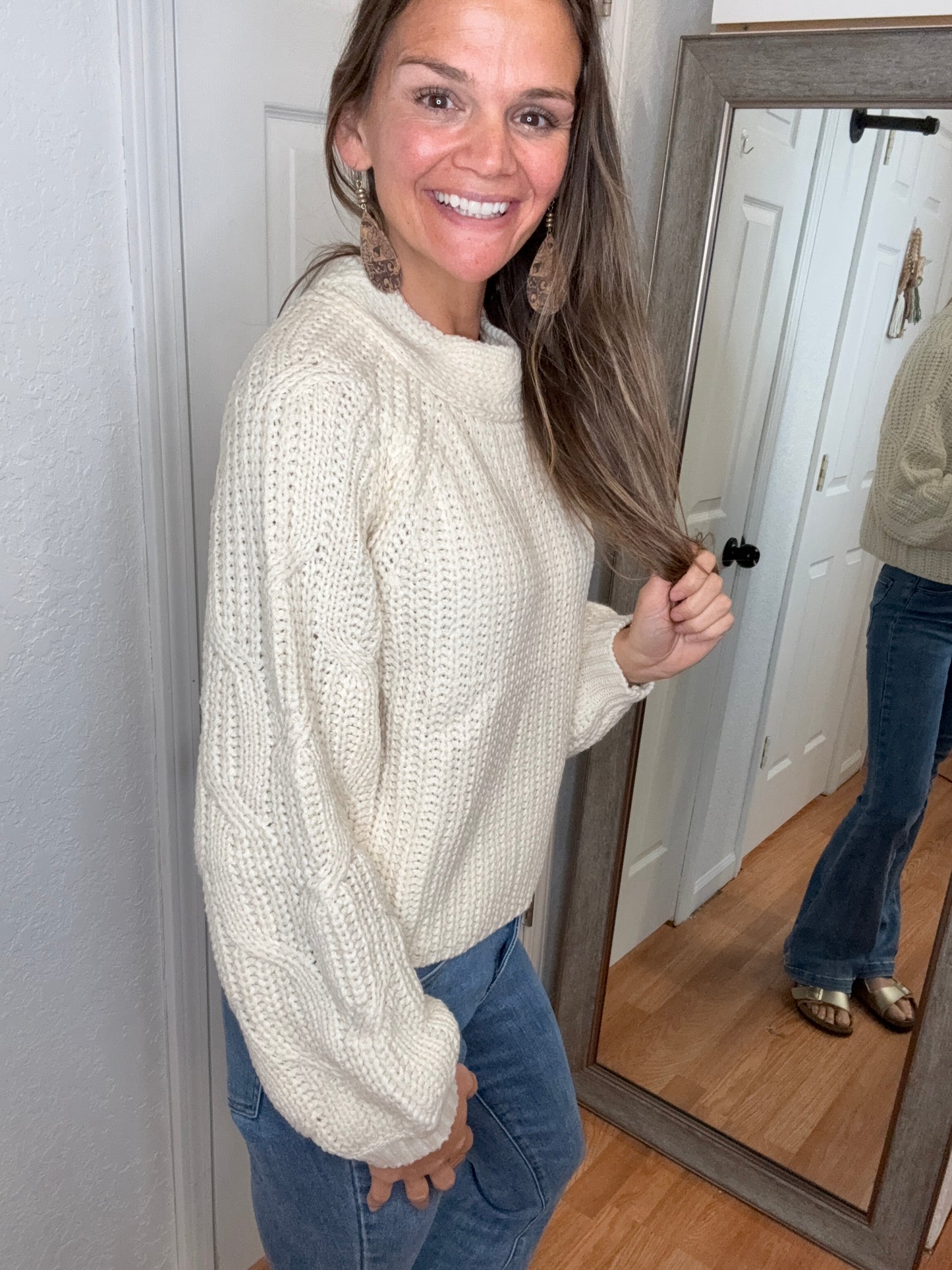 KAY MOCK NECK CABLE KNIT SWEATER CREAM - COZY