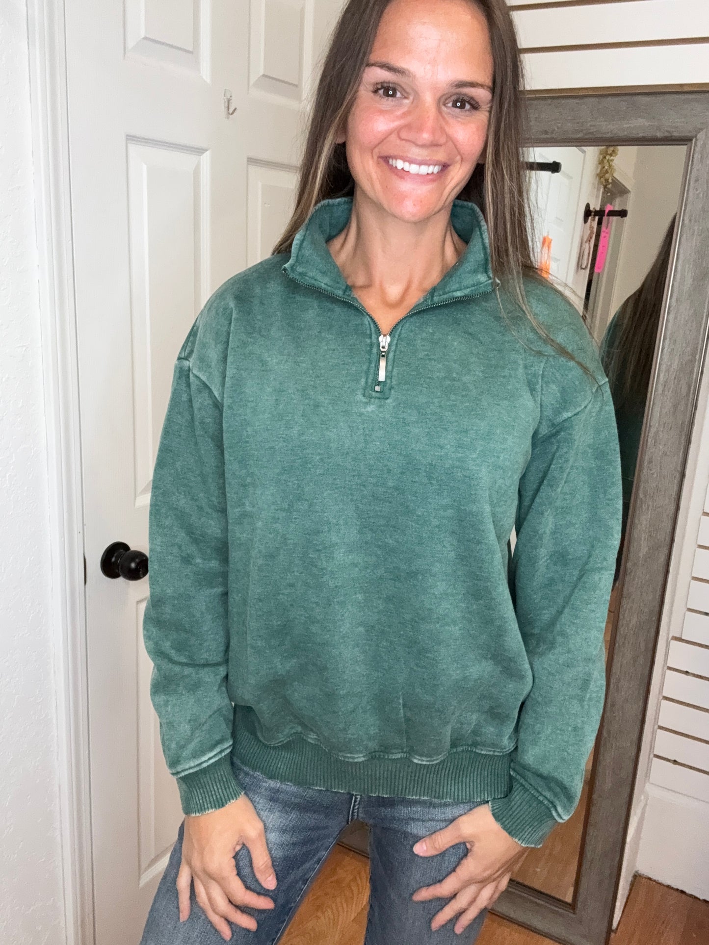 BAILEY COLLARED HALF ZIP PULLOVER SWEATSHIRT GREEN - ZENANA