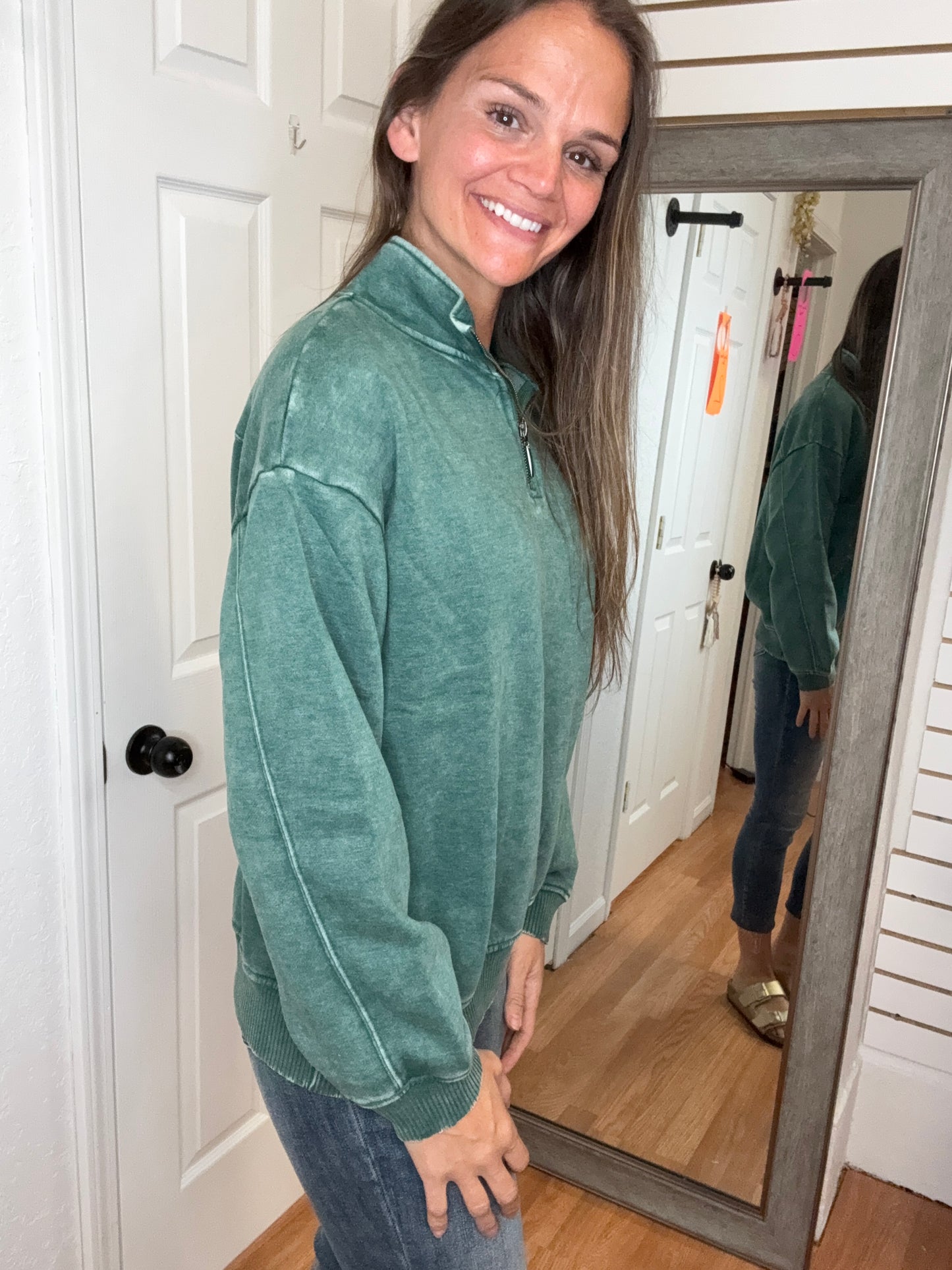 BAILEY COLLARED HALF ZIP PULLOVER SWEATSHIRT GREEN - ZENANA
