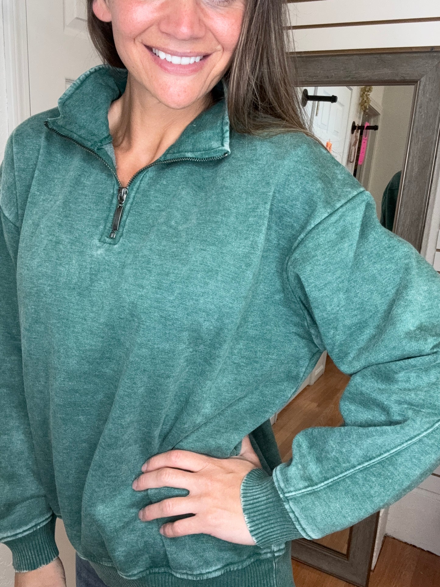 BAILEY COLLARED HALF ZIP PULLOVER SWEATSHIRT GREEN - ZENANA