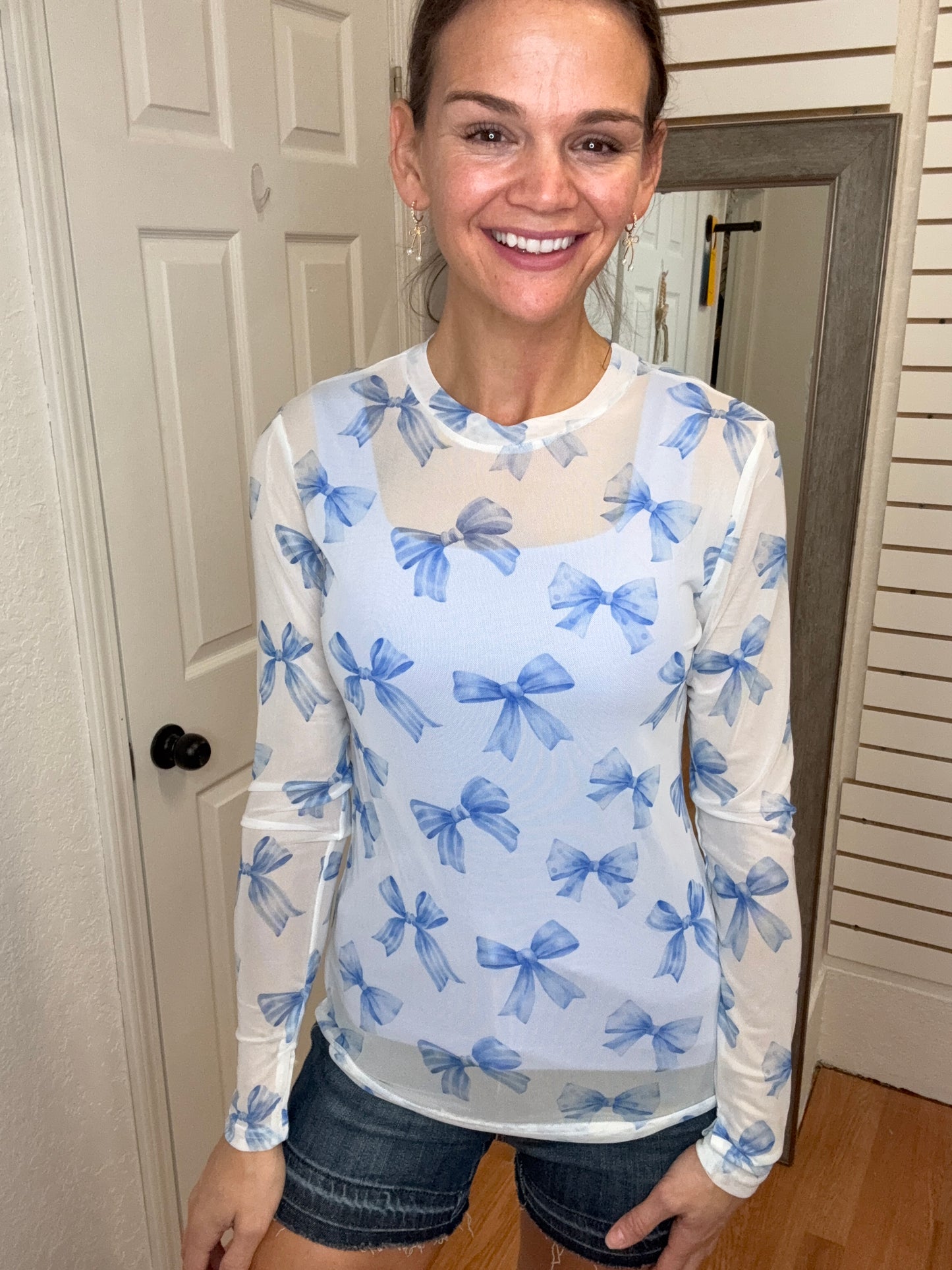 CHRISSA BLUE BOW MESH TOP -BLAKELEY