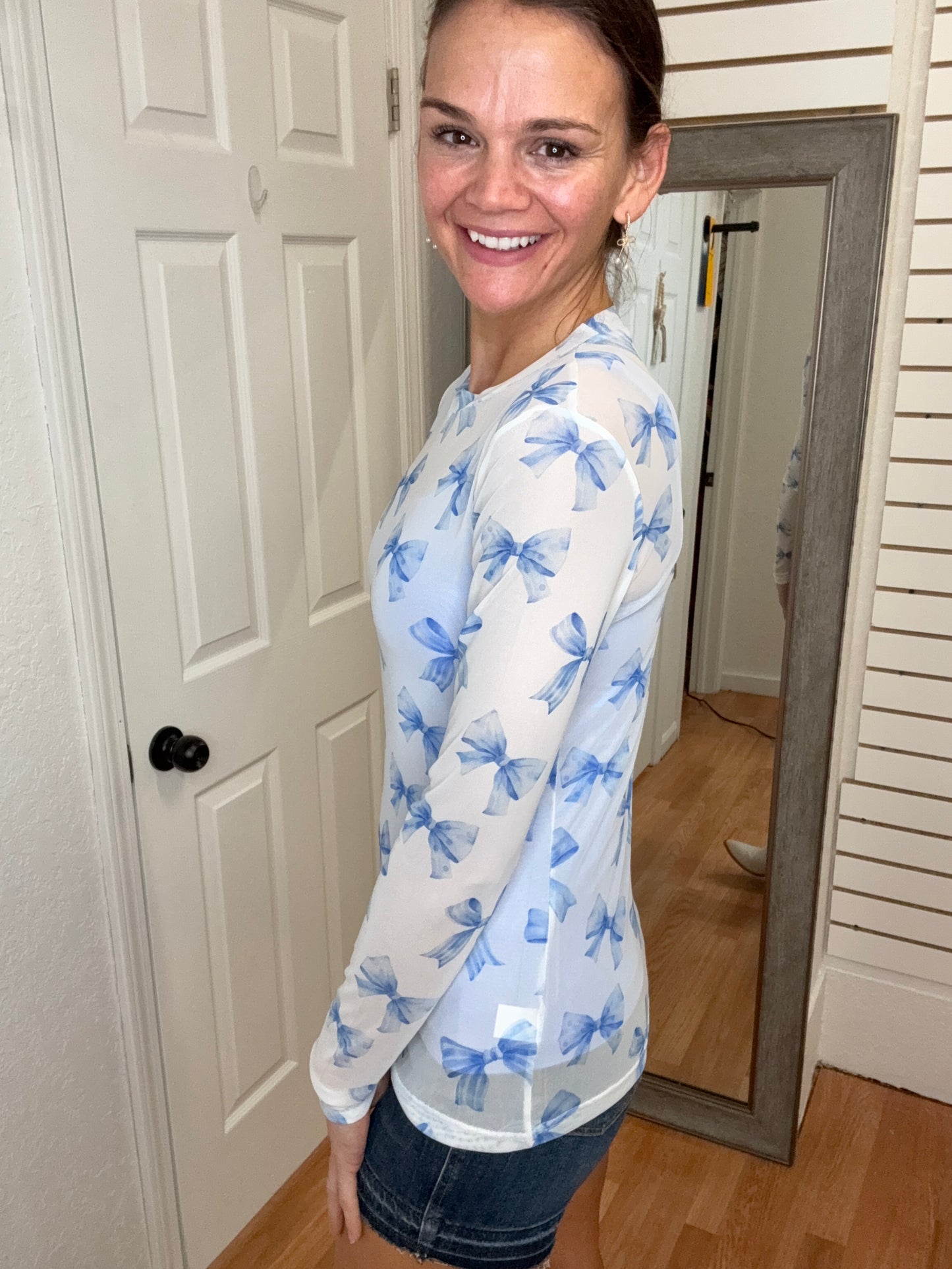 CHRISSA BLUE BOW MESH TOP -BLAKELEY