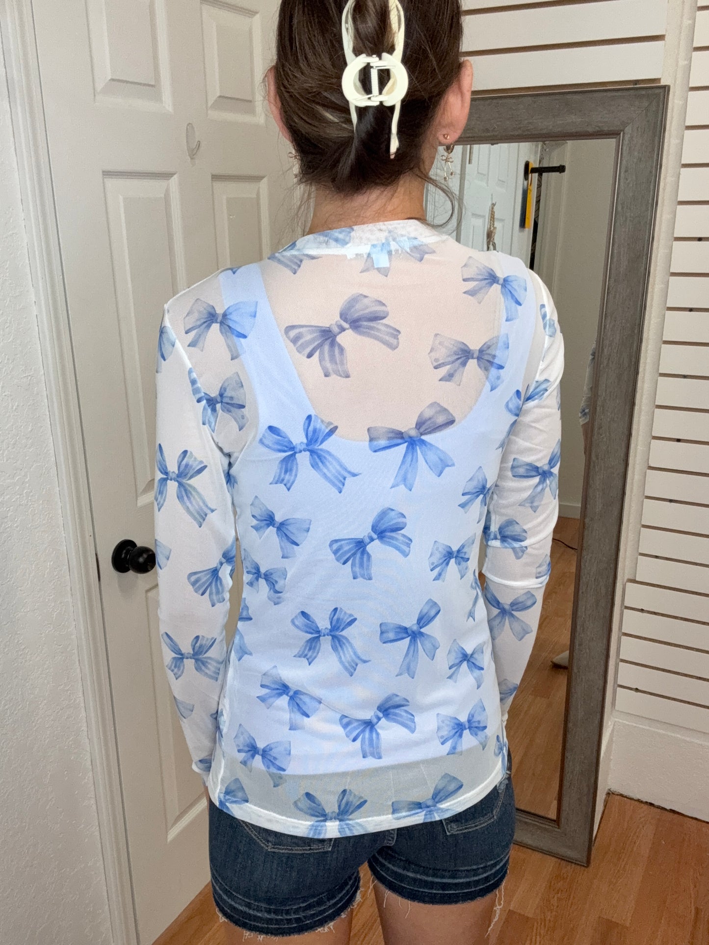 CHRISSA BLUE BOW MESH TOP -BLAKELEY