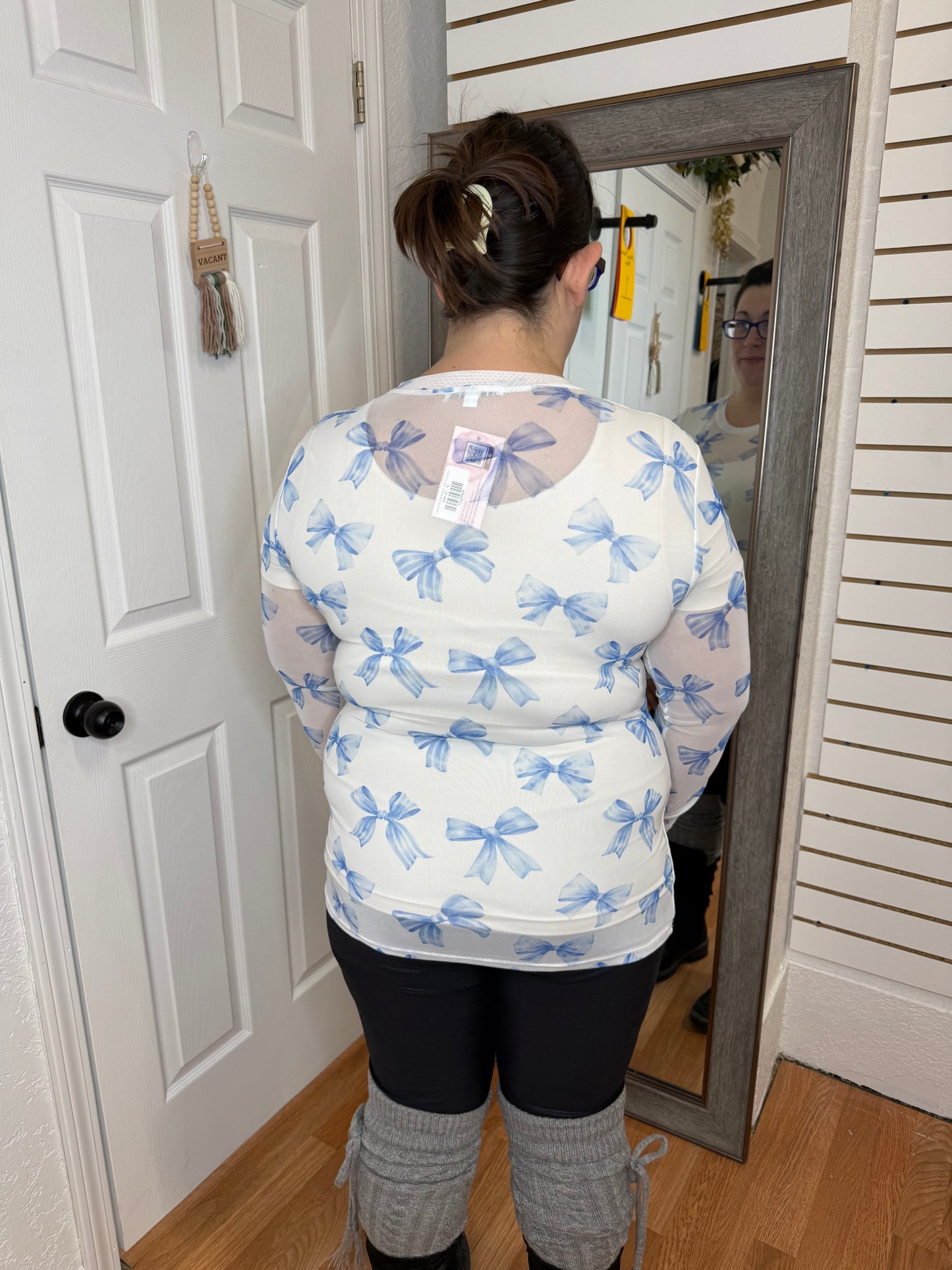 CHRISSA BLUE BOW MESH TOP -BLAKELEY