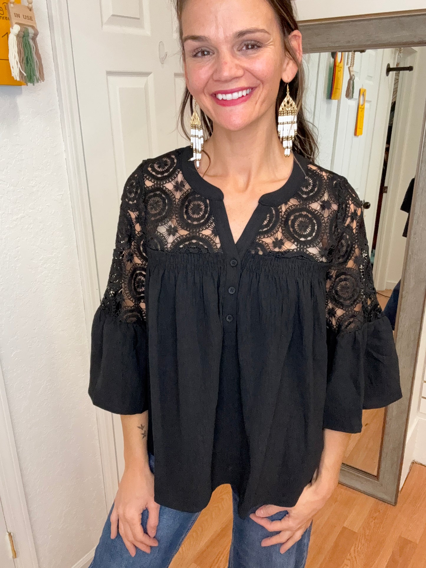 ALLEGRA CROCHET DETAIL BLOUSE TOP - BLACK - ODDI