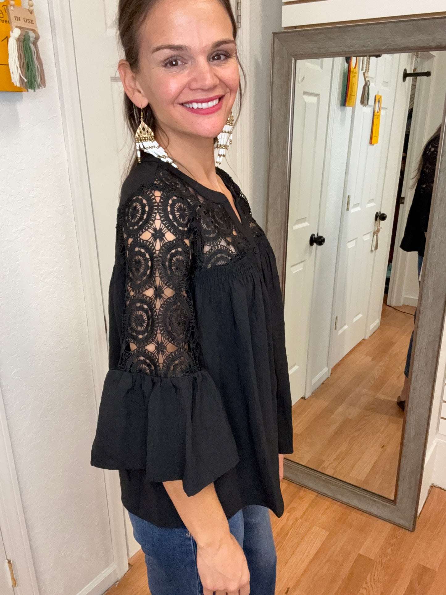 ALLEGRA CROCHET DETAIL BLOUSE TOP - BLACK - ODDI
