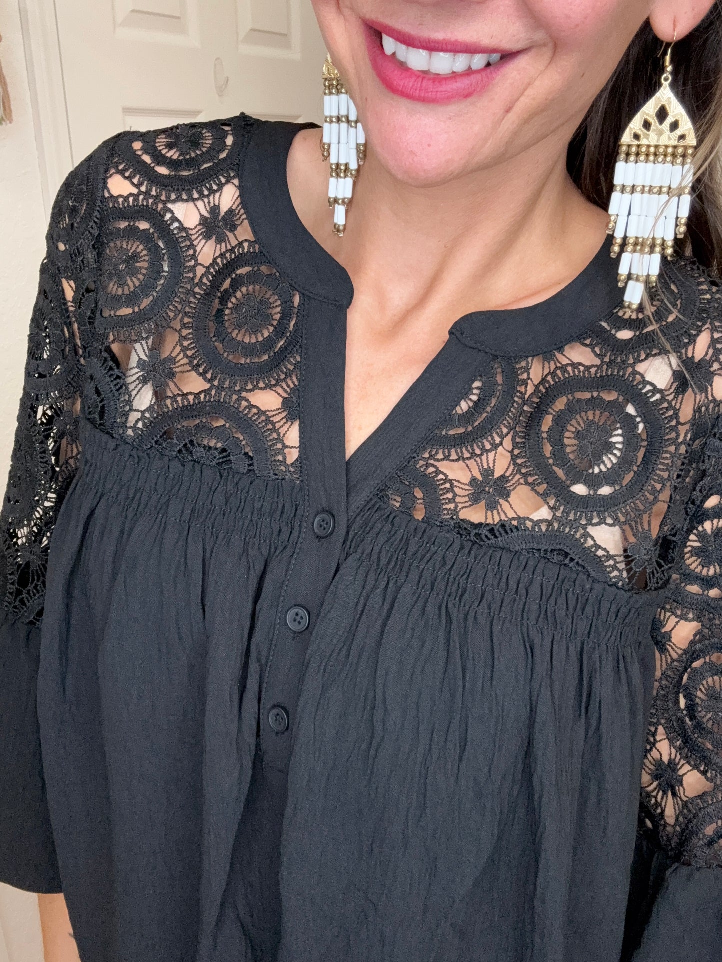 ALLEGRA CROCHET DETAIL BLOUSE TOP - BLACK - ODDI