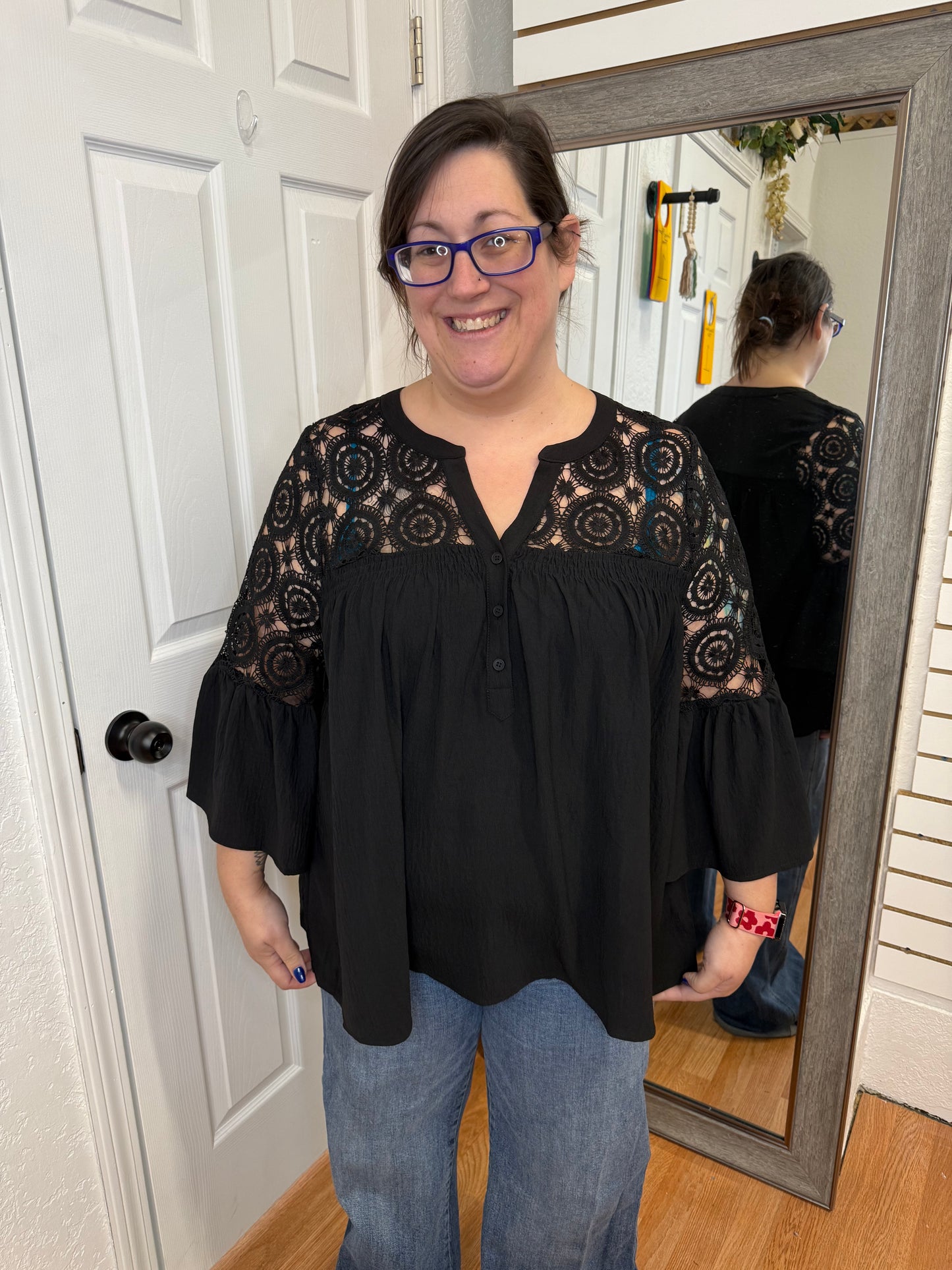 ALLEGRA CROCHET DETAIL BLOUSE TOP - BLACK - ODDI