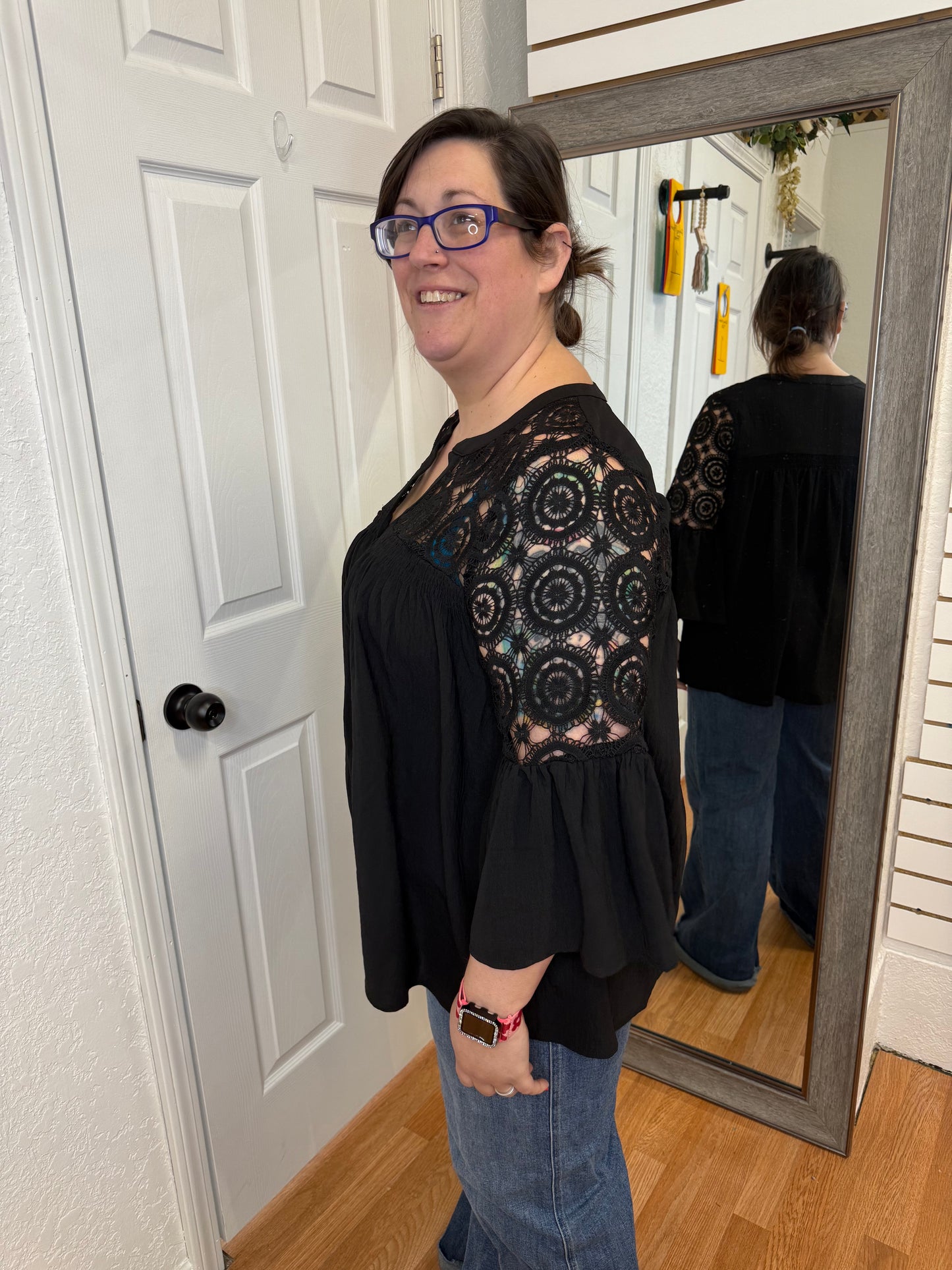 ALLEGRA CROCHET DETAIL BLOUSE TOP - BLACK - ODDI
