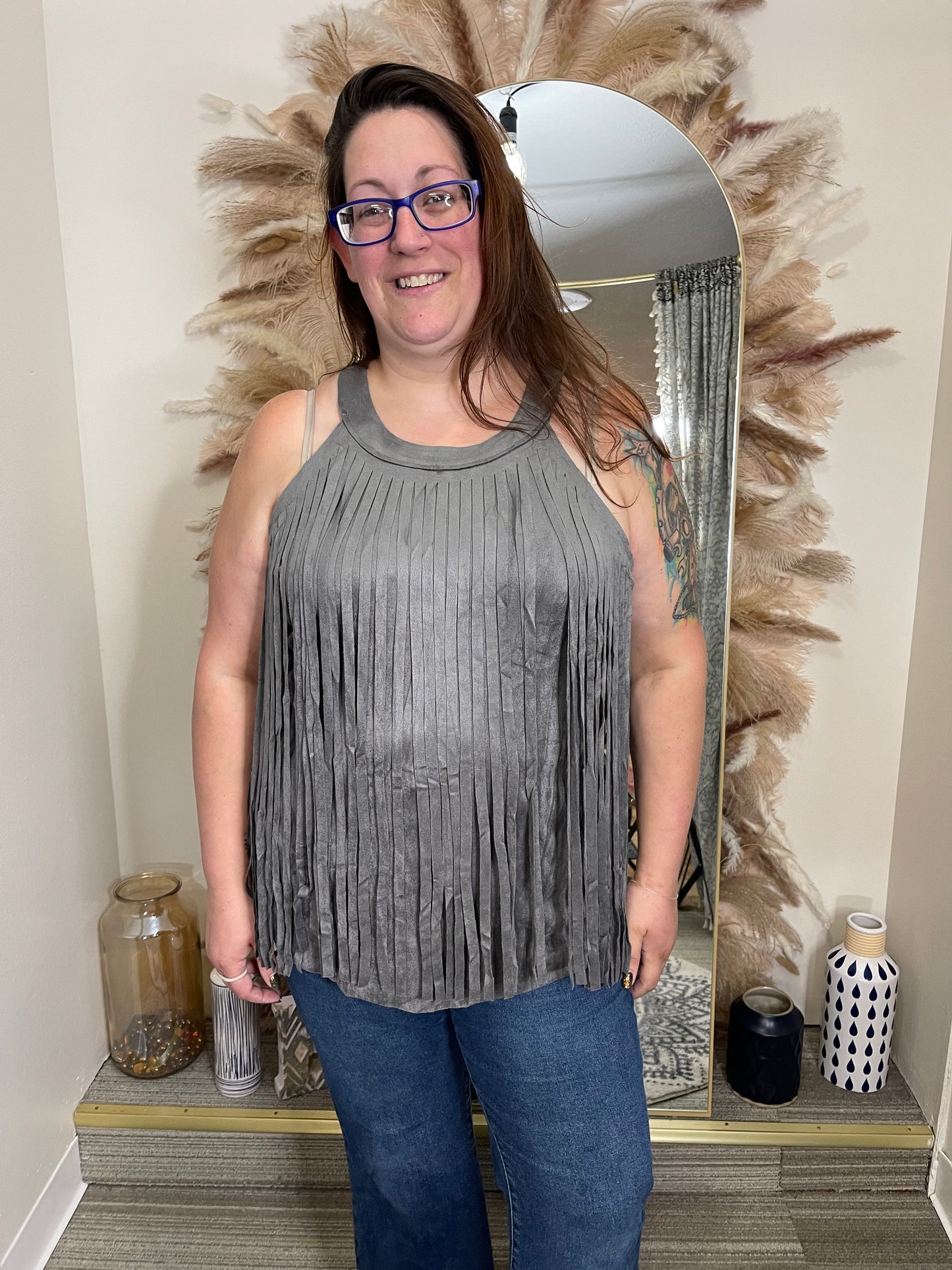 Frida Fringe Tank Gray