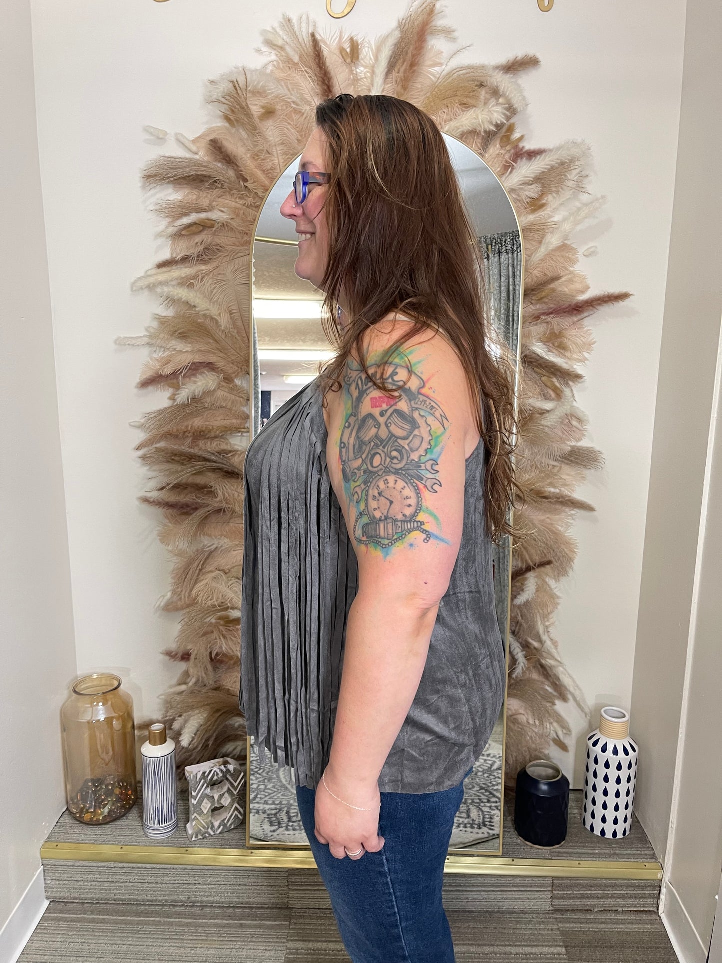 Frida Fringe Tank Gray
