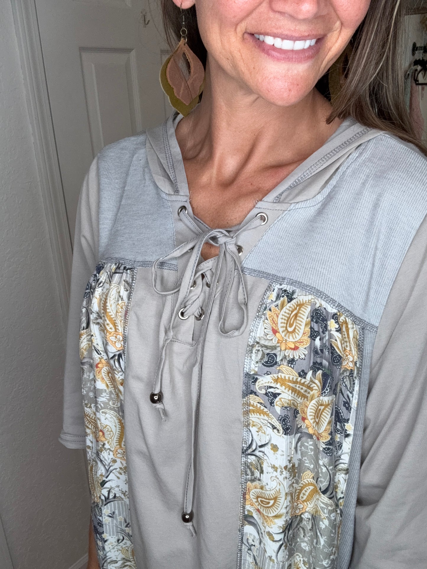 FEELIN FINE TIE FRONT HOODED HALF SLEEVE TOP - POL