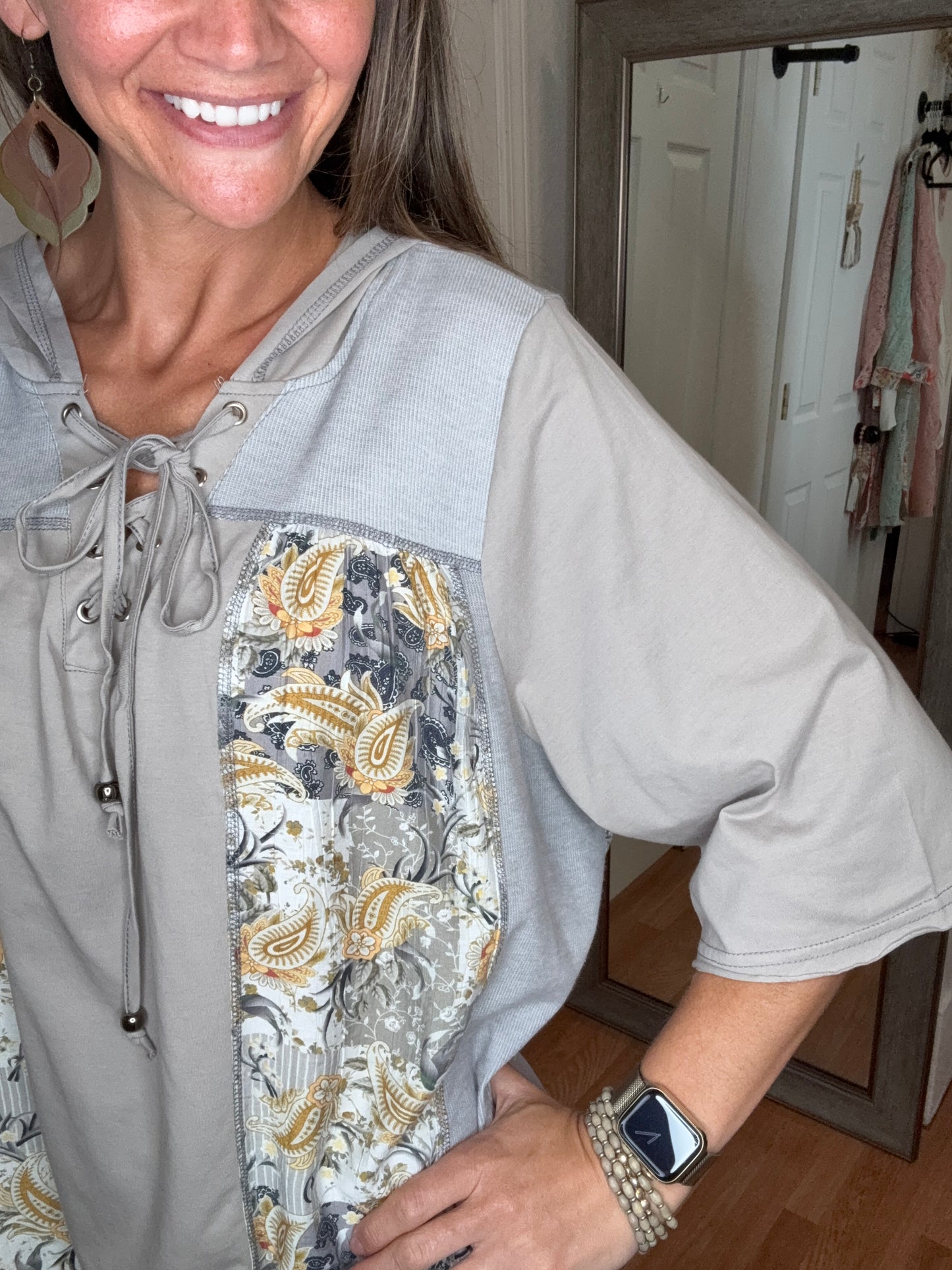 FEELIN FINE TIE FRONT HOODED HALF SLEEVE TOP - POL