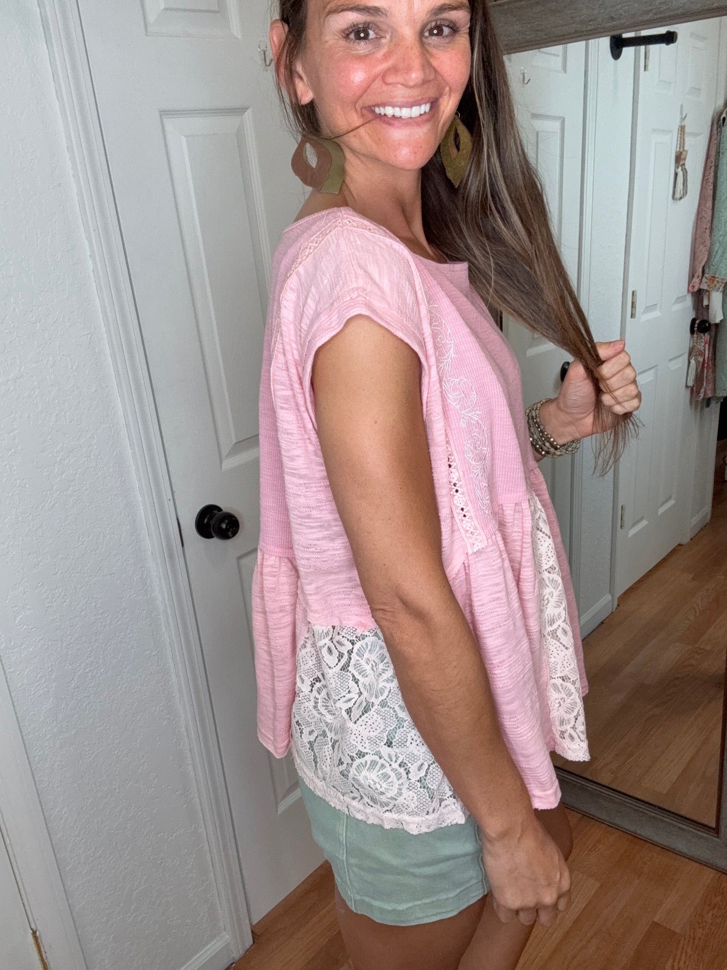 TIANA SHORT SLEEVE BABYDOLL TOP PINK - POL