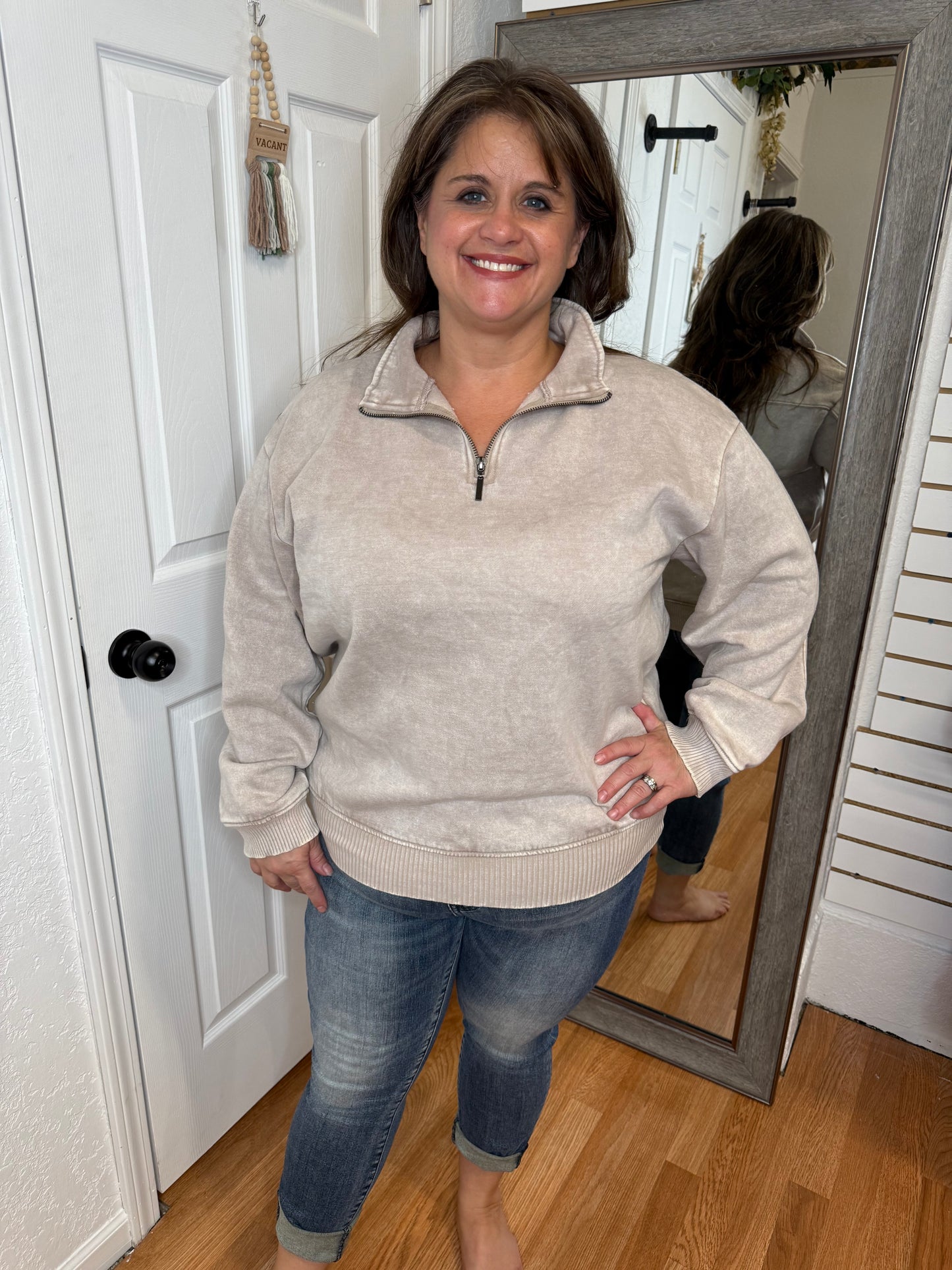BAILEY COLLARED HALF ZIP PULLOVER SWEATSHIRT ASH MOCHA - ZENANA