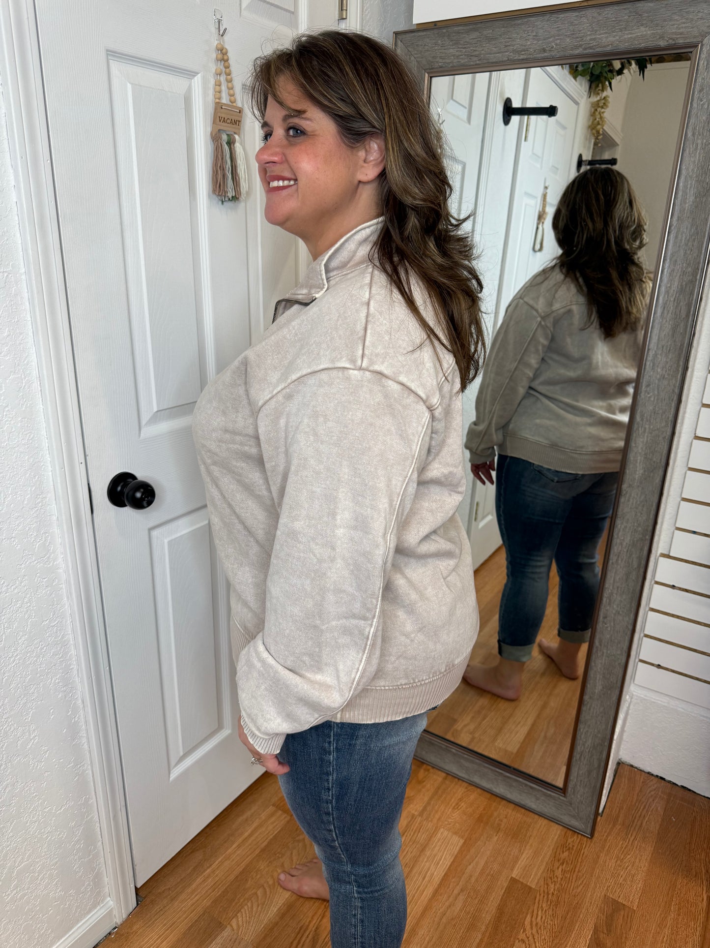 BAILEY COLLARED HALF ZIP PULLOVER SWEATSHIRT ASH MOCHA - ZENANA