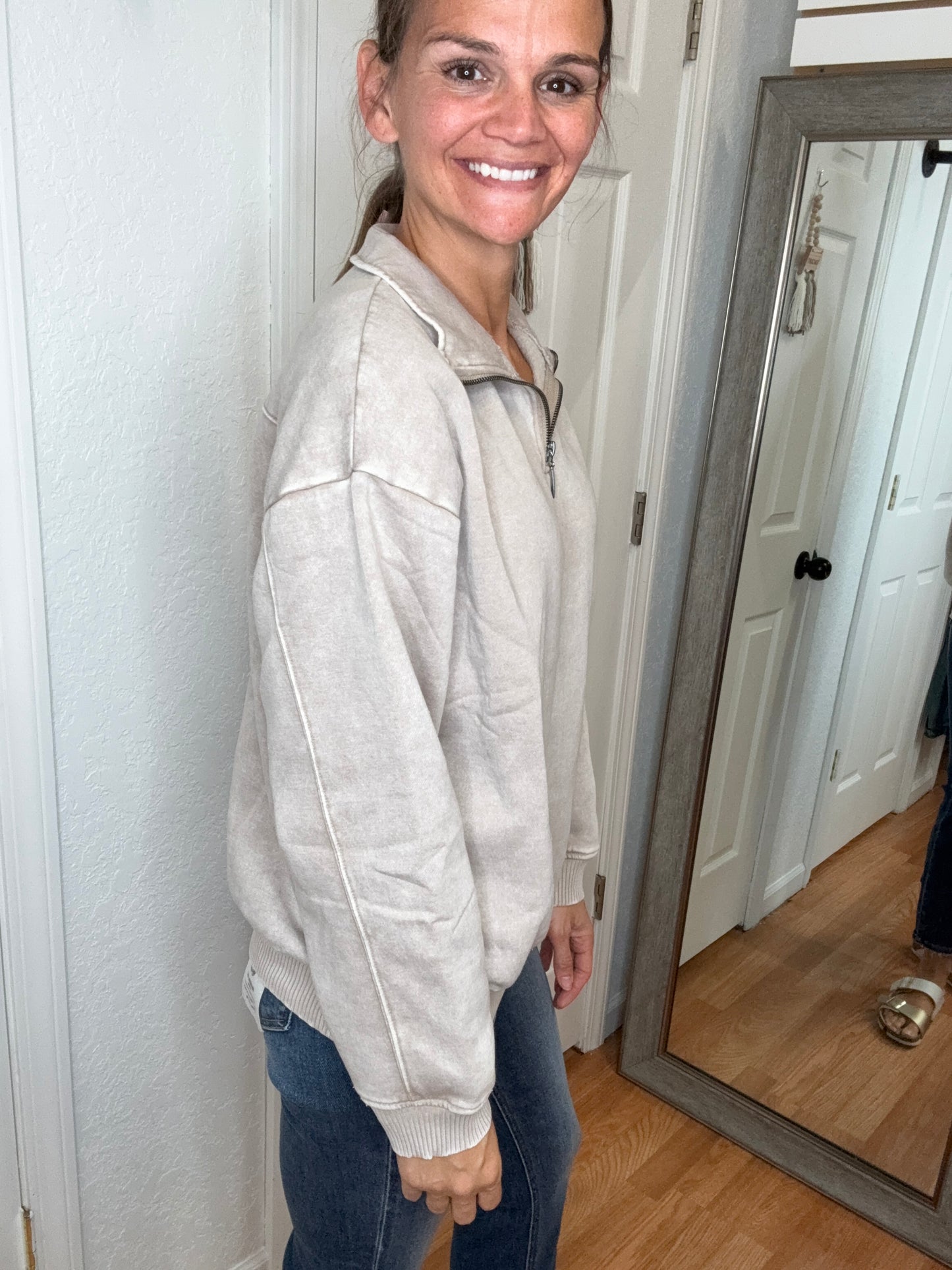 BAILEY COLLARED HALF ZIP PULLOVER SWEATSHIRT ASH MOCHA - ZENANA