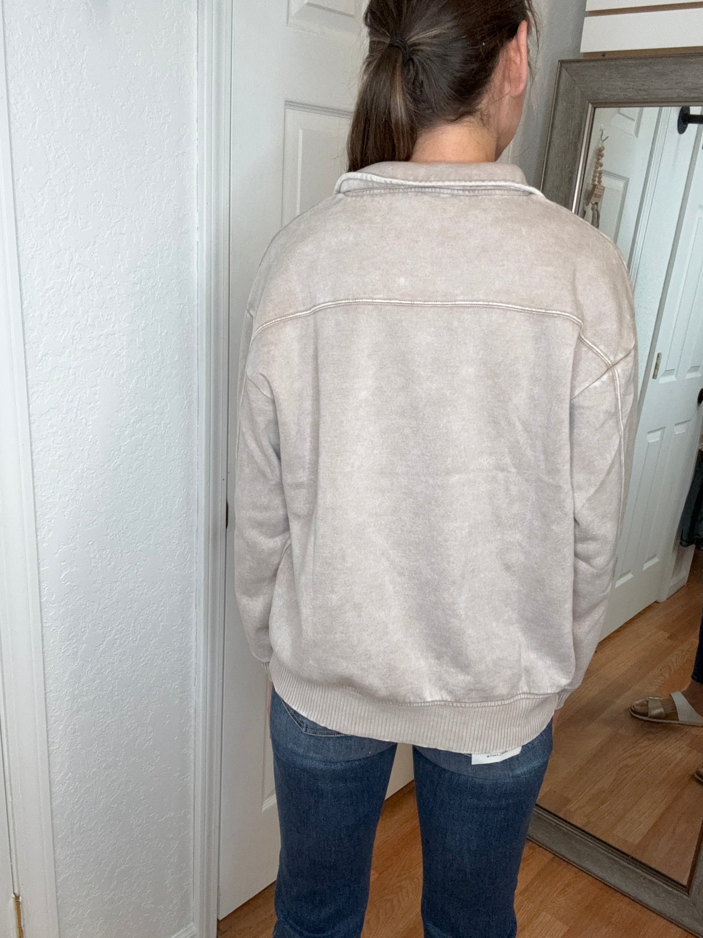 BAILEY COLLARED HALF ZIP PULLOVER SWEATSHIRT ASH MOCHA - ZENANA