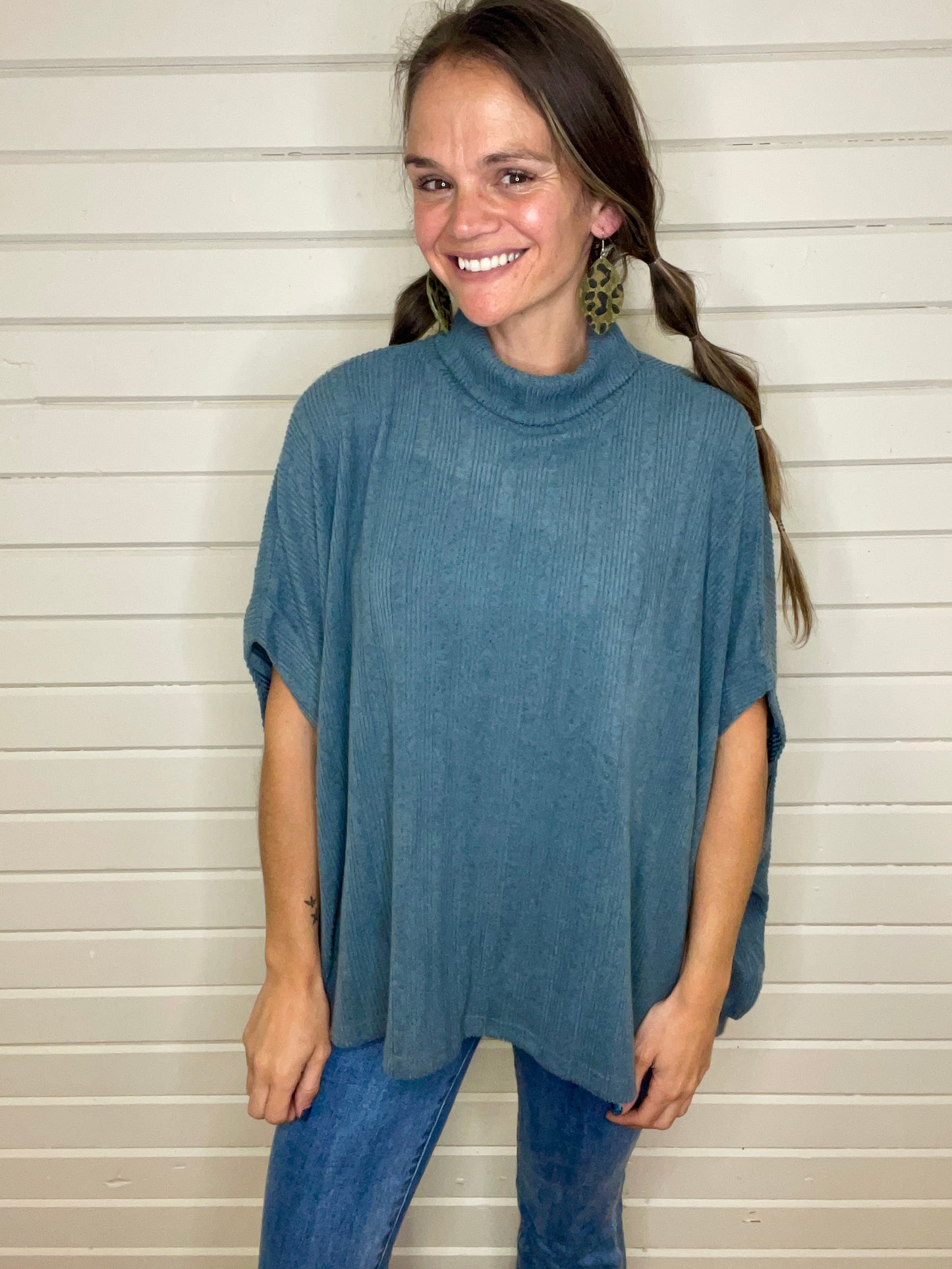 Bambi Turtleneck Poncho - Steal Blue