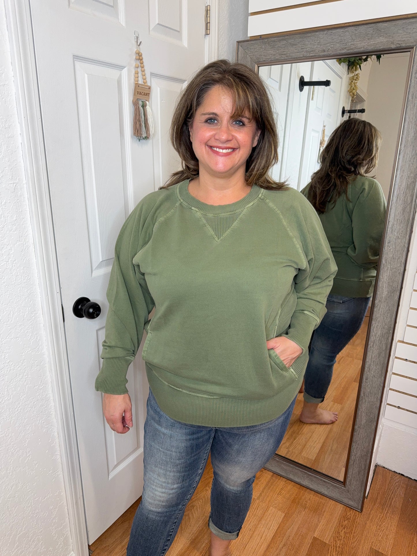 BUFFY PULLOVER SWEATSHIRT TOP OLIVE GREEN - ZENANA