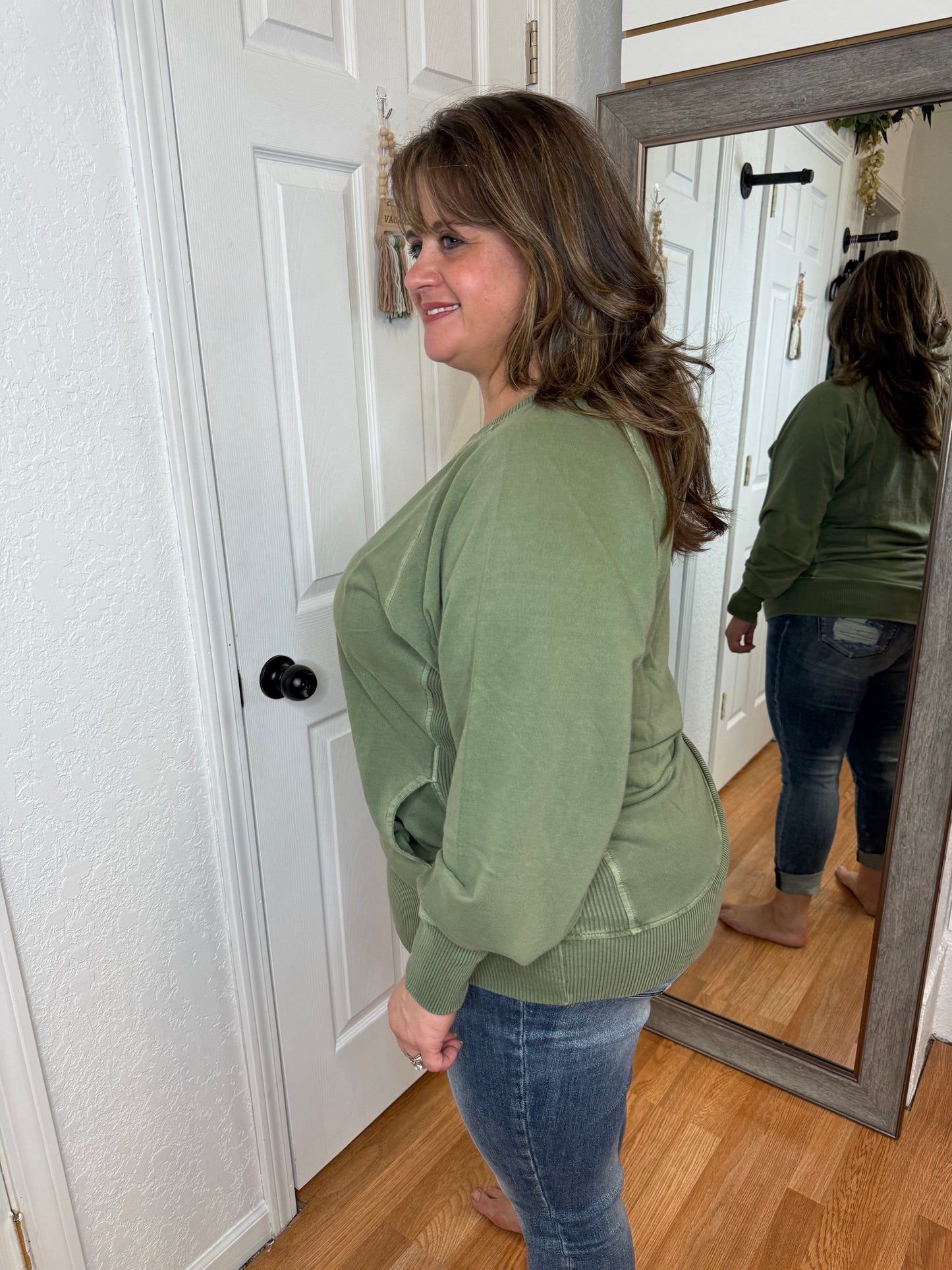 BUFFY PULLOVER SWEATSHIRT TOP OLIVE GREEN - ZENANA