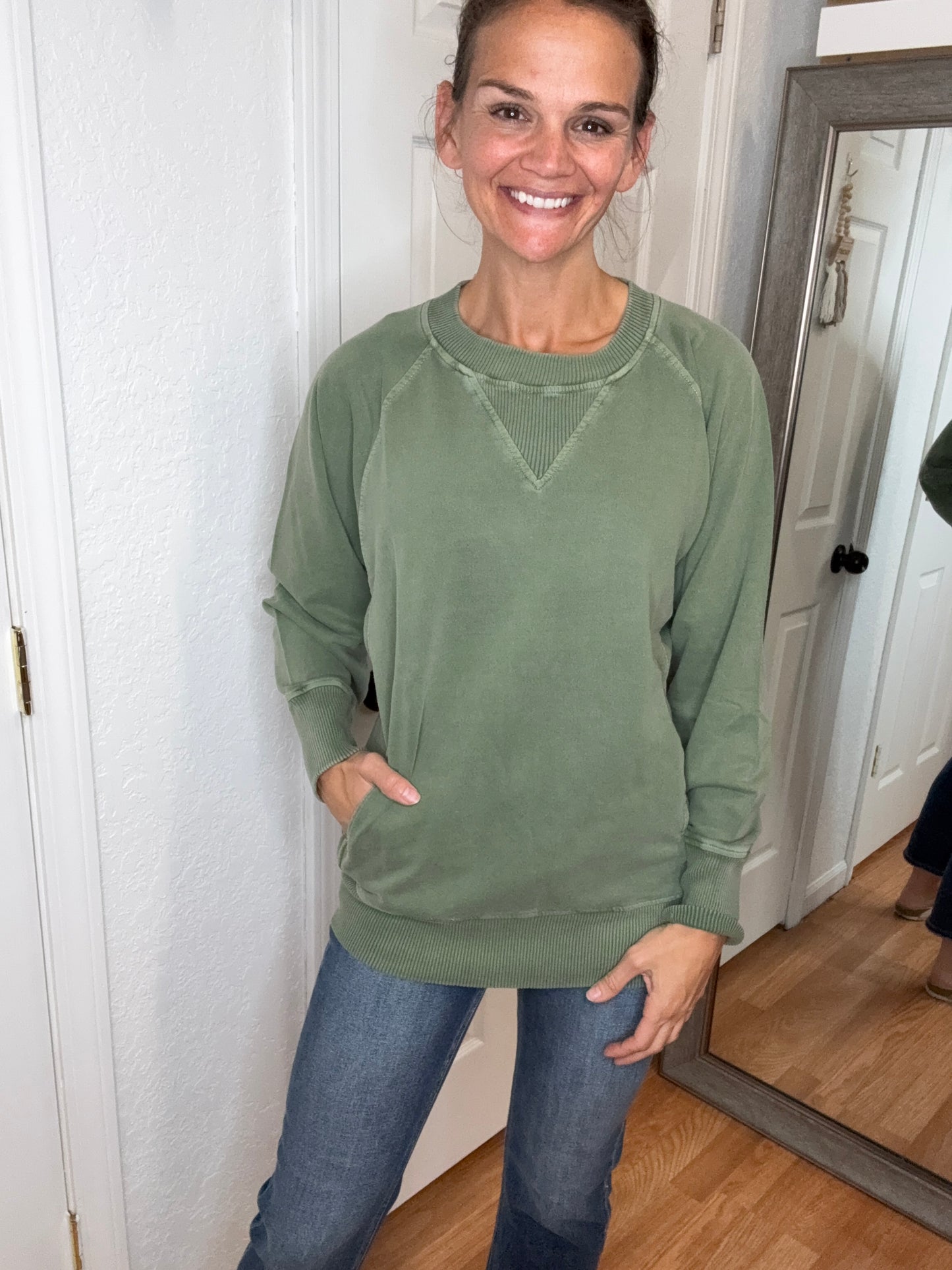 BUFFY PULLOVER SWEATSHIRT TOP OLIVE GREEN - ZENANA