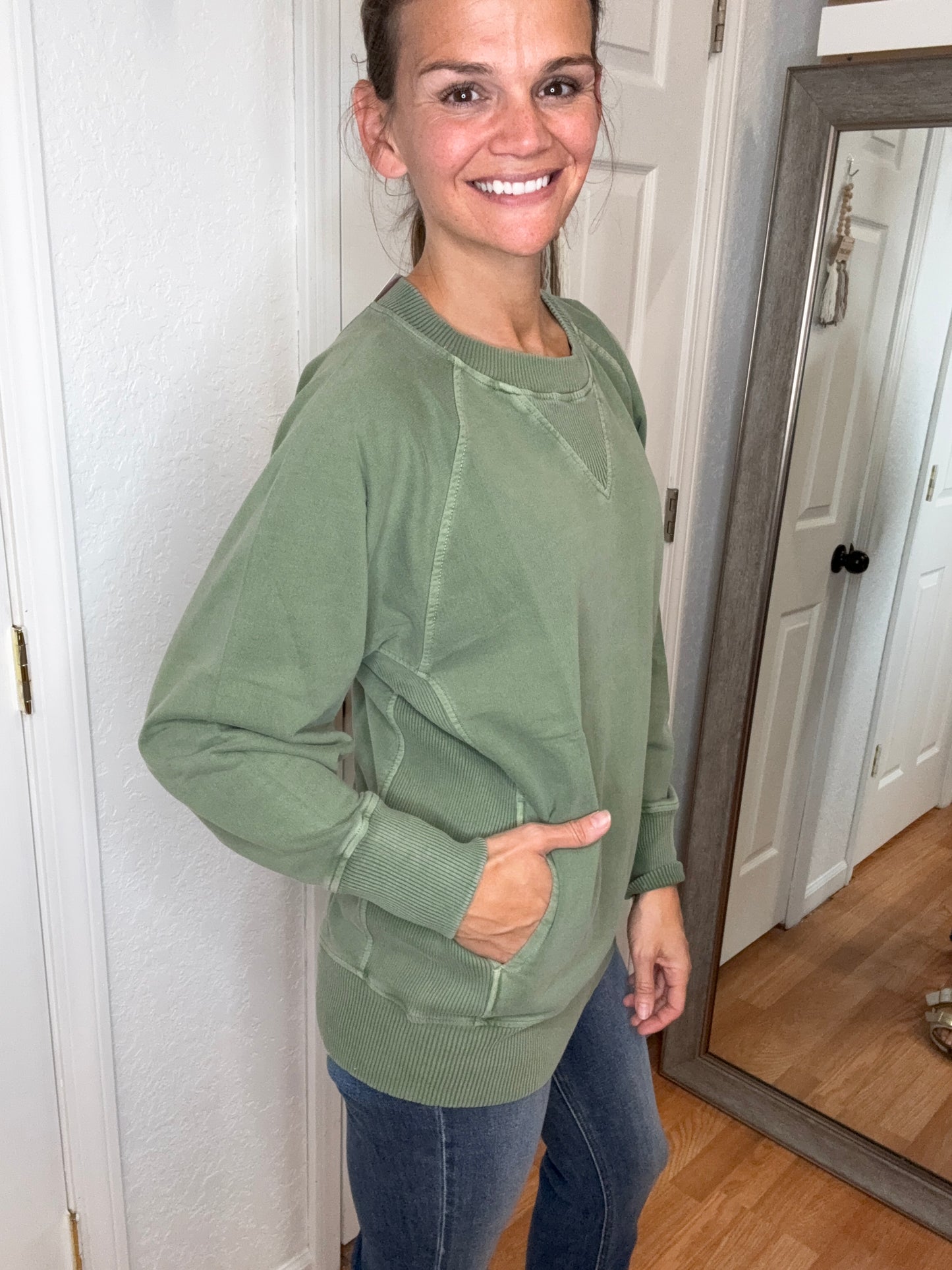 BUFFY PULLOVER SWEATSHIRT TOP OLIVE GREEN - ZENANA