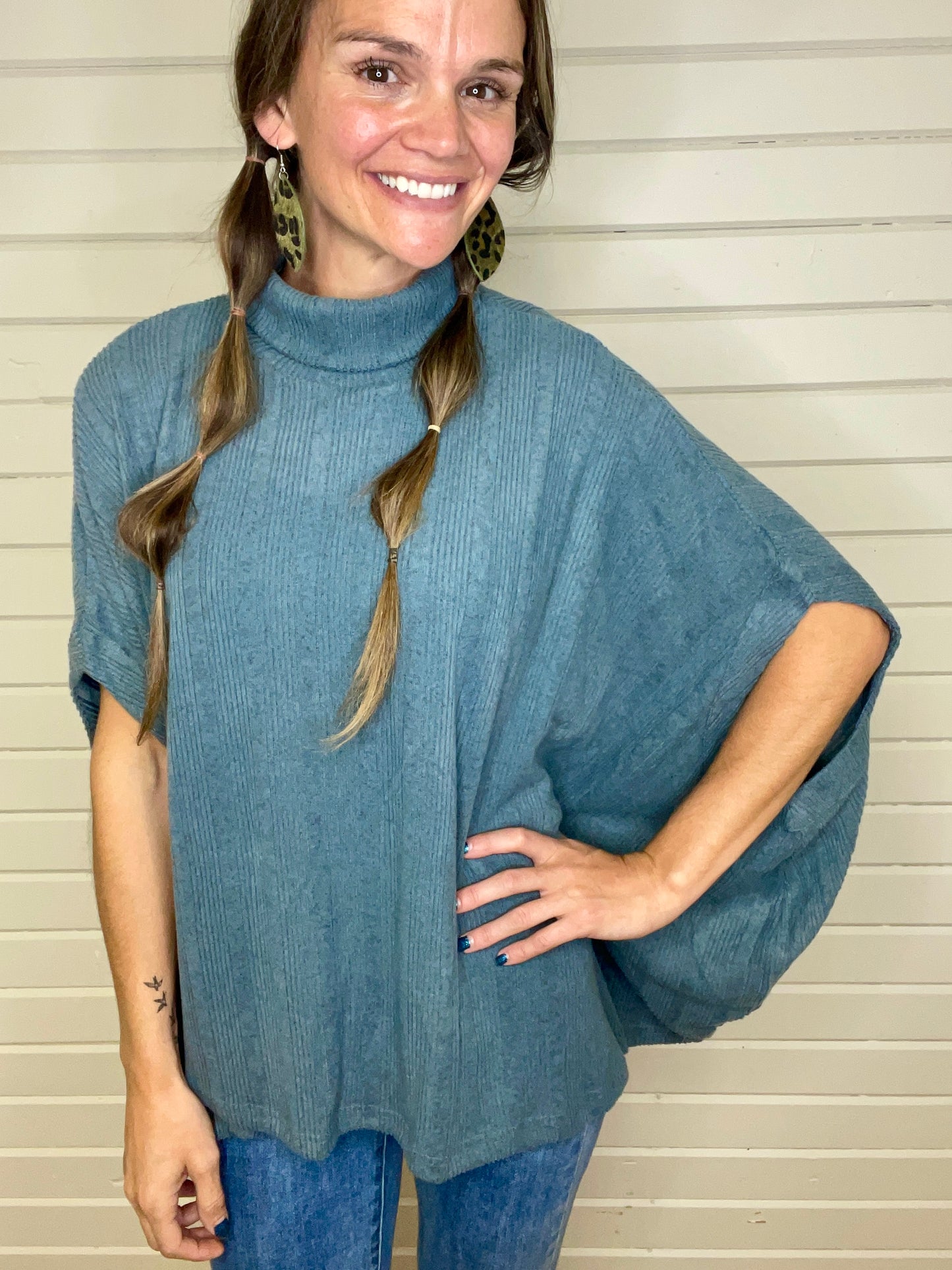 Bambi Turtleneck Poncho - Steal Blue