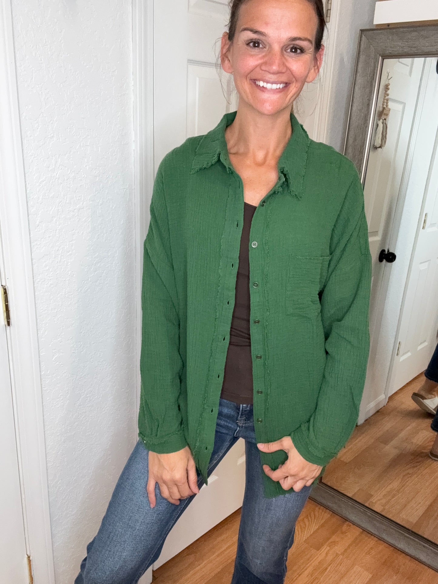 GARLYN GAUZE BUTTON DOWN COVER UP TOP GREEN- ZENANA