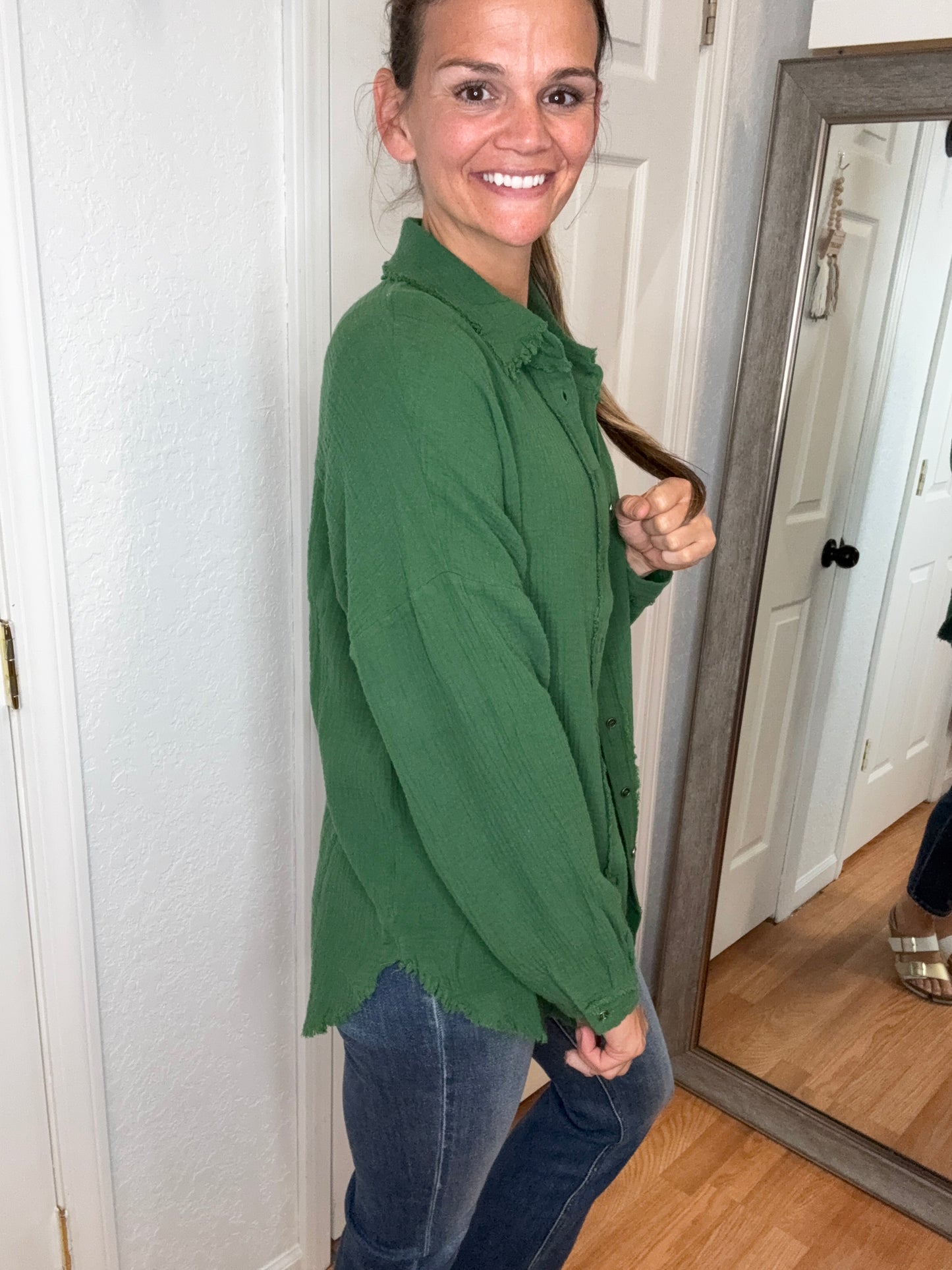 GARLYN GAUZE BUTTON DOWN COVER UP TOP GREEN- ZENANA
