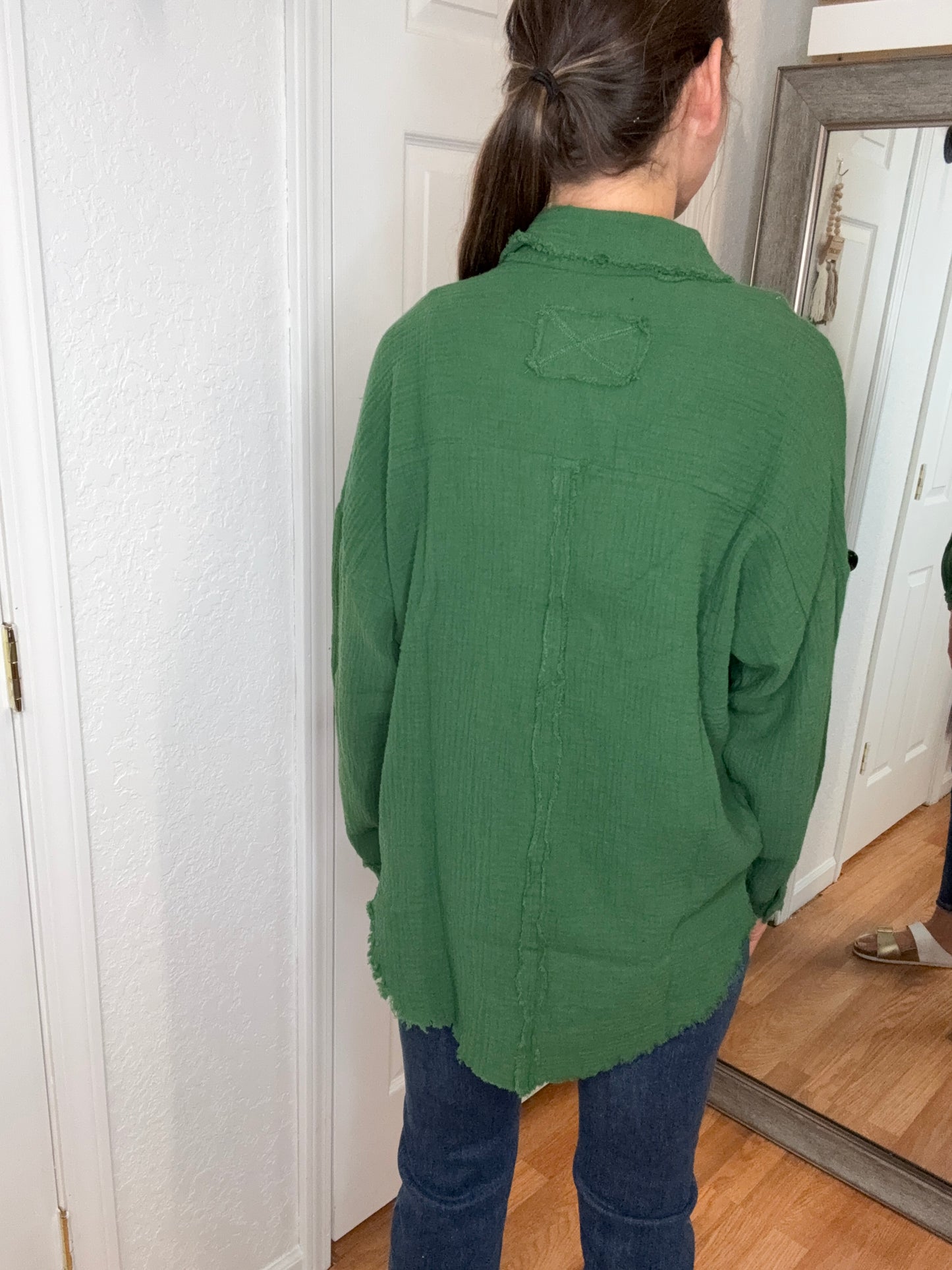 GARLYN GAUZE BUTTON DOWN COVER UP TOP GREEN- ZENANA