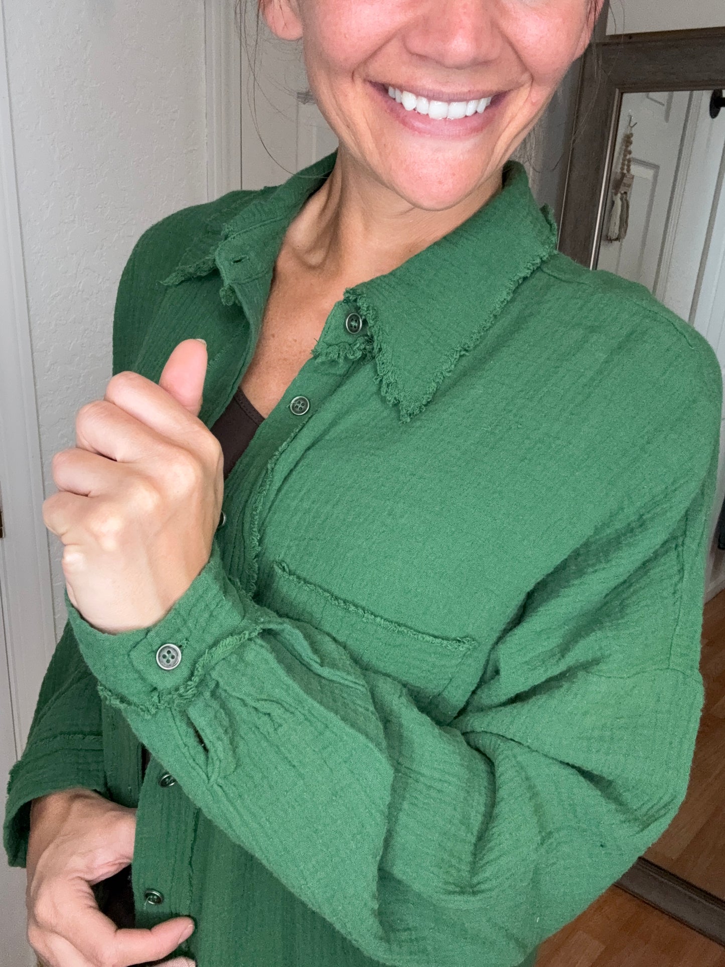GARLYN GAUZE BUTTON DOWN COVER UP TOP GREEN- ZENANA