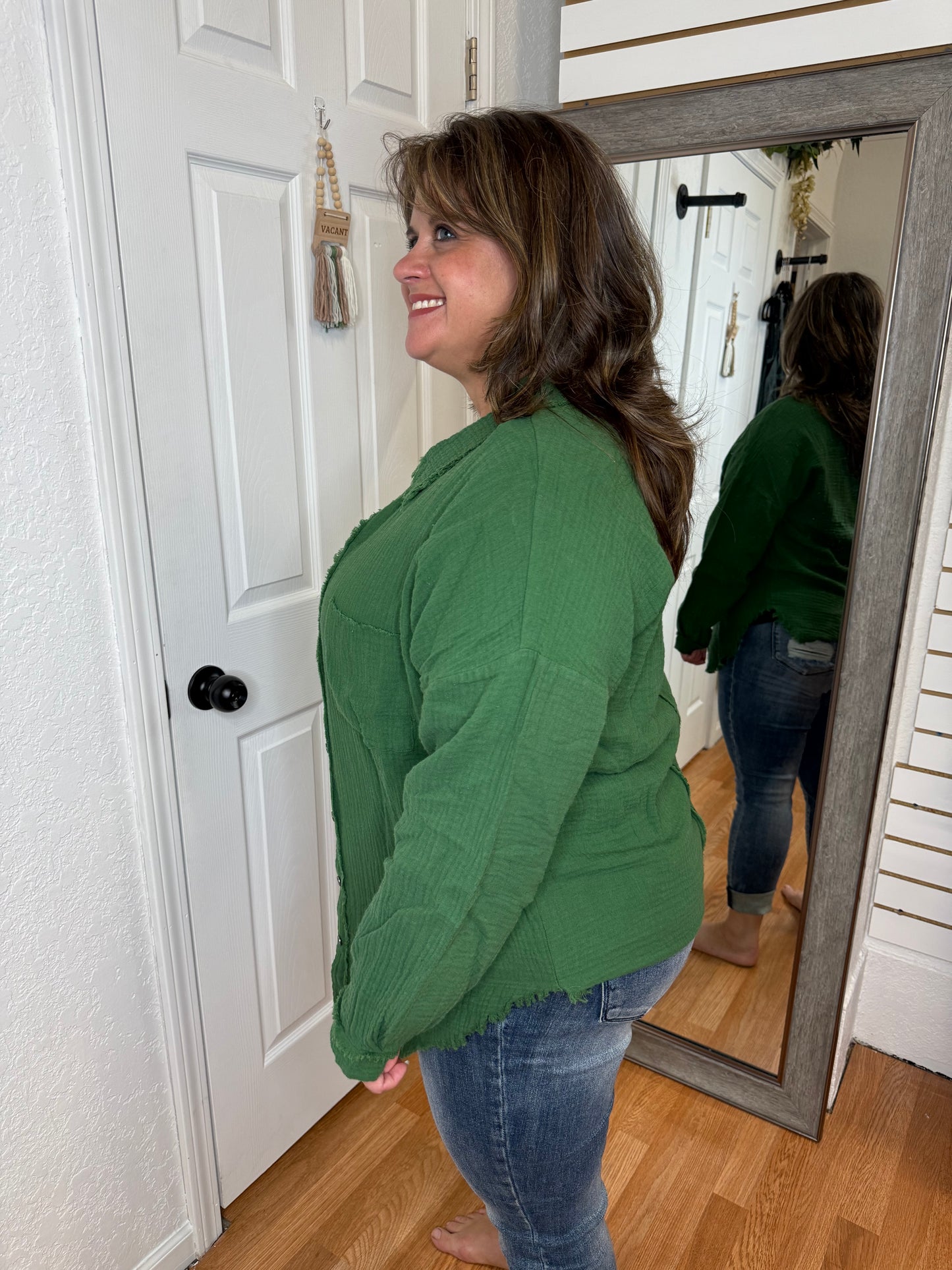GARLYN GAUZE BUTTON DOWN COVER UP TOP GREEN- ZENANA