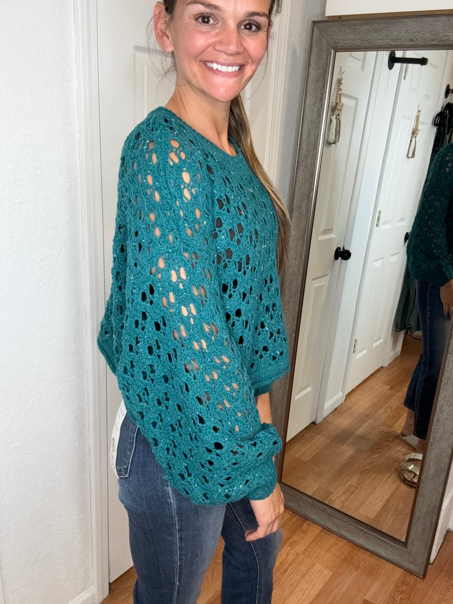 HAYLEY PULLOVER OPEN KNIT SWEATER TOP TEAL - ZENANA