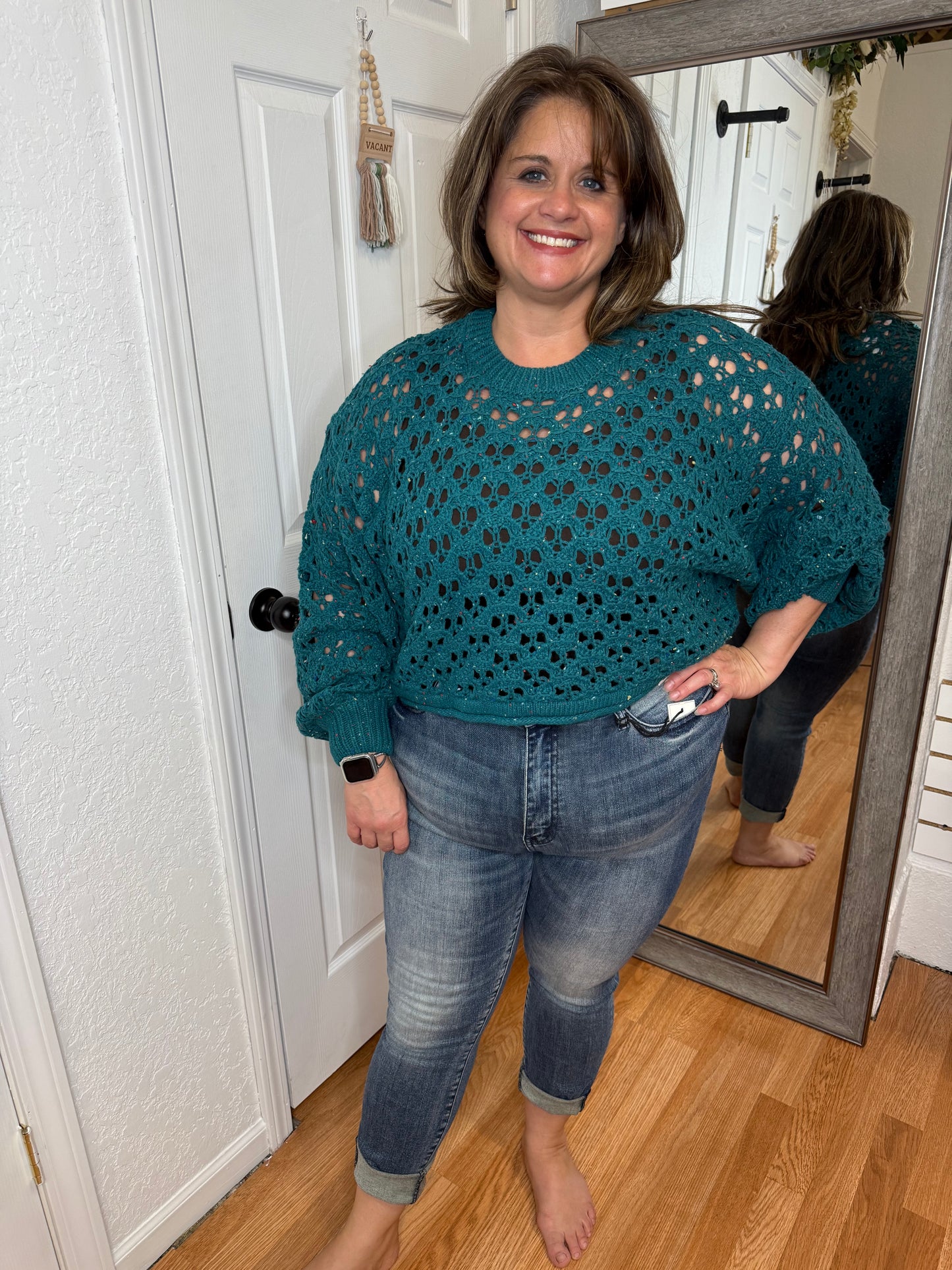 HAYLEY PULLOVER OPEN KNIT SWEATER TOP TEAL - ZENANA