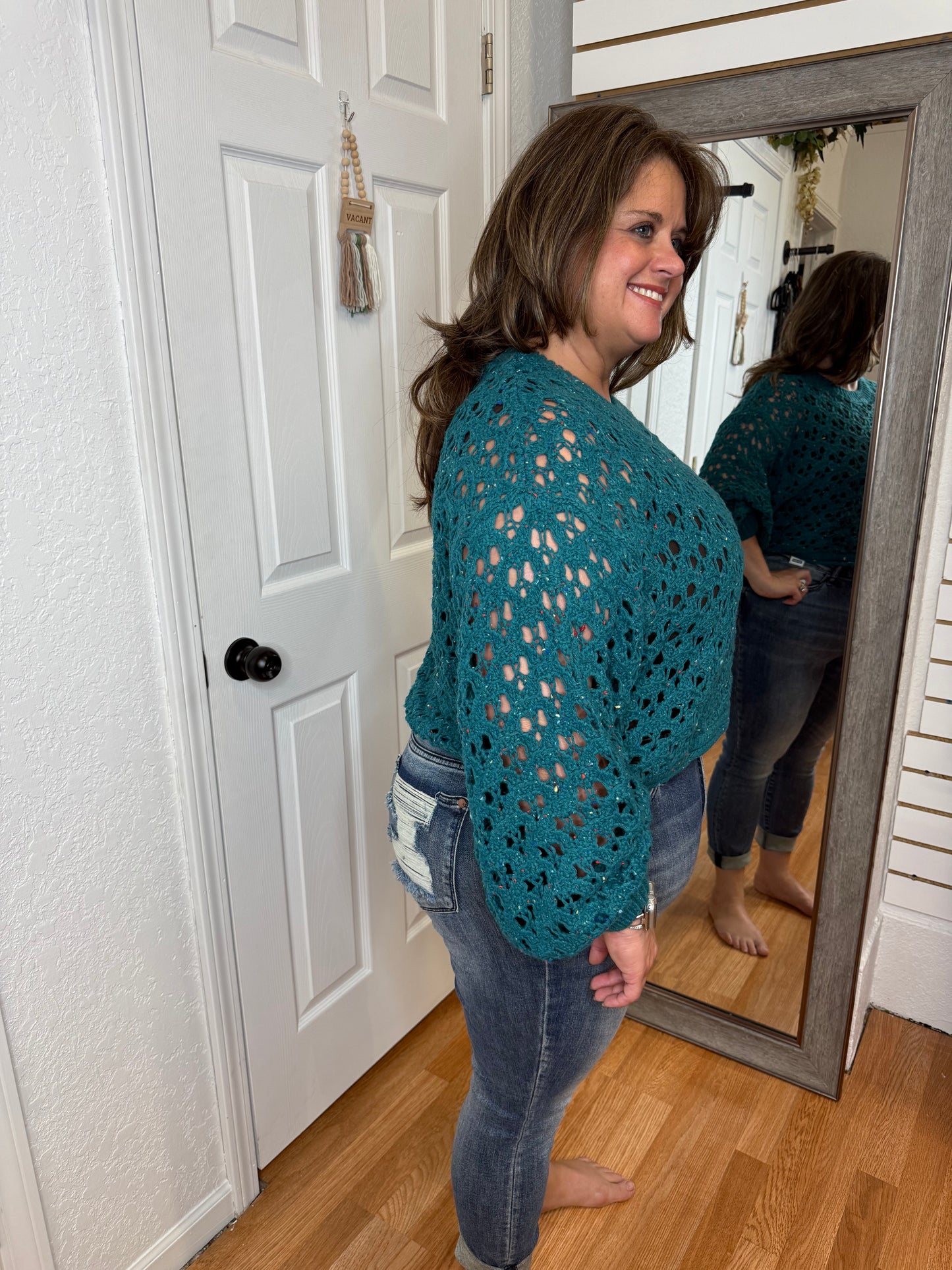 HAYLEY PULLOVER OPEN KNIT SWEATER TOP TEAL - ZENANA