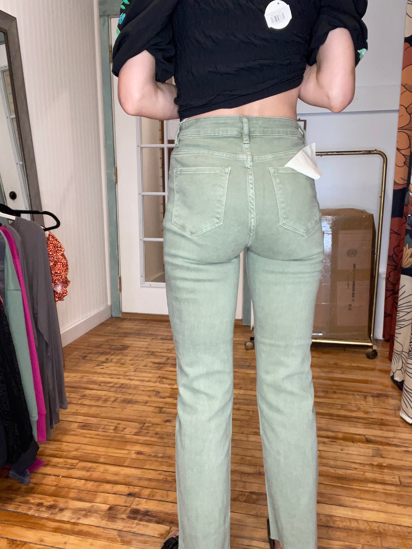 RISEN - HIGH RISE RAW HEM STRAIGHT LEG OLIVE DENIM