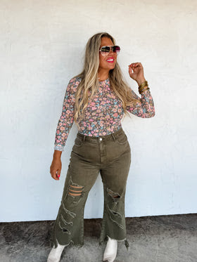 BLOOMS MESH TOP OLIVE FLORAL - BLAKELEY