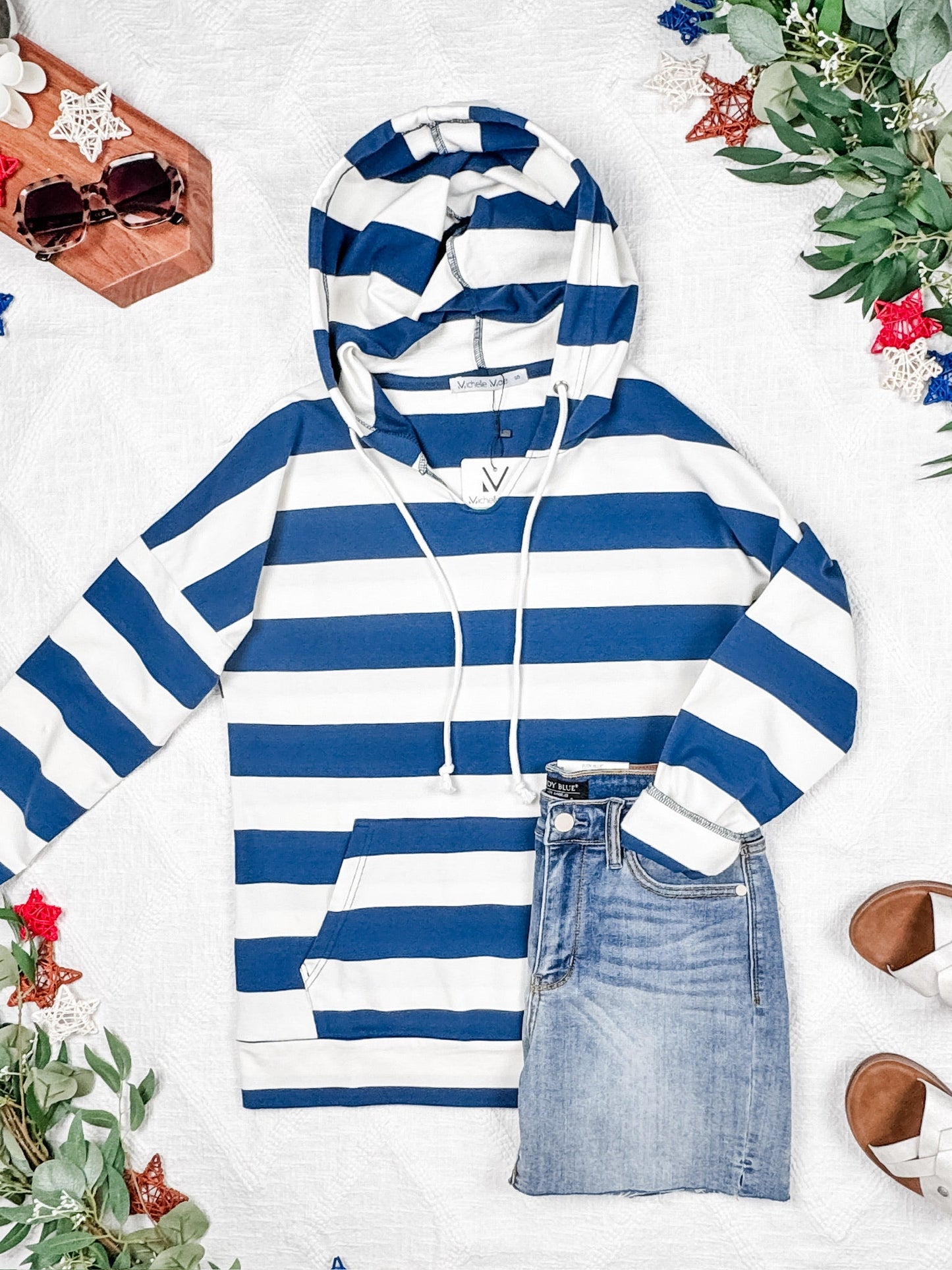 IN STOCK Rylie Striped Lightweight Hoodie - Navy and White