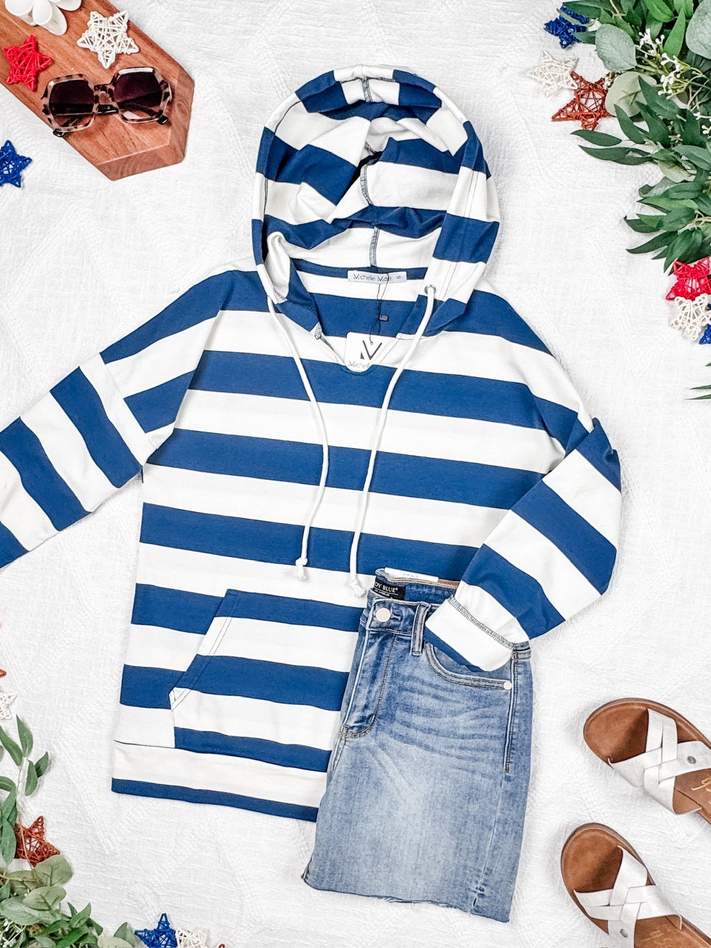 IN STOCK Rylie Striped Lightweight Hoodie - Navy and White