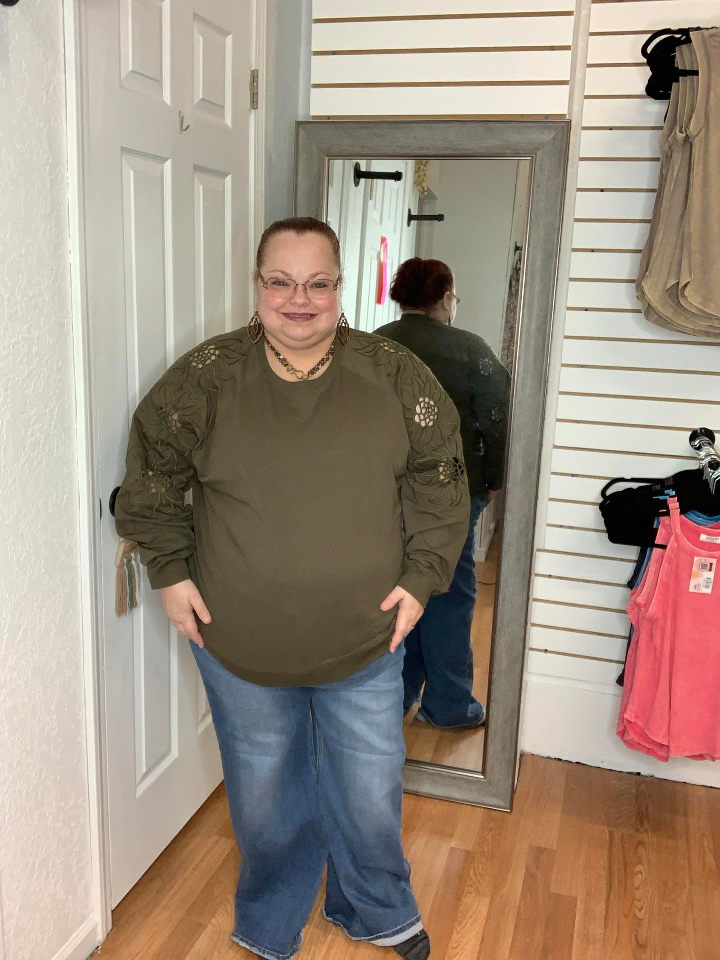 BETH CUT OUT SLEEVE PULLOVER SWEATSHIRT TOP OLIVE - PS KATE
