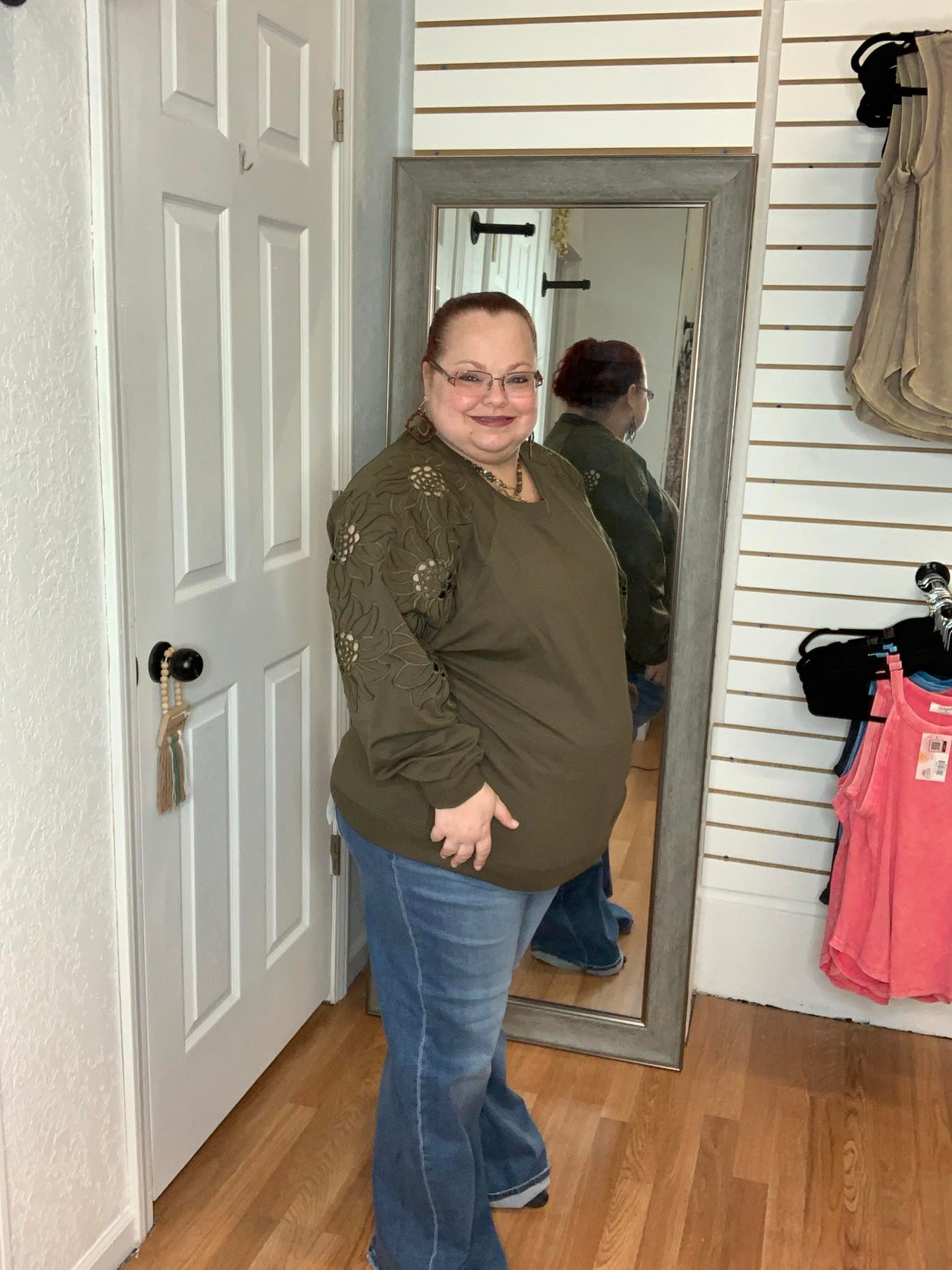BETH CUT OUT SLEEVE PULLOVER SWEATSHIRT TOP OLIVE - PS KATE